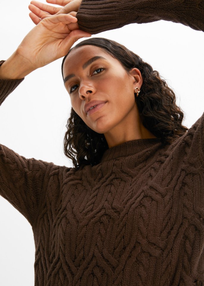 Rundhals-Pullover mit Zopfmuster