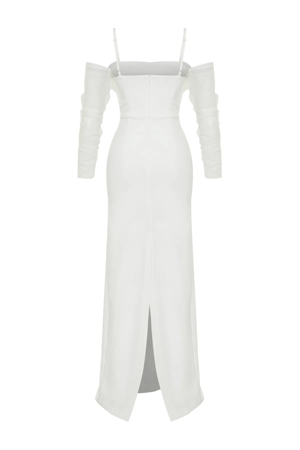 Trendyol Collection  Weißes, körperbetontes, gewebtes, gefüttertes Hochzeits-/Nikah-Brautabendkleid in Weiß TPRSS24AE00016