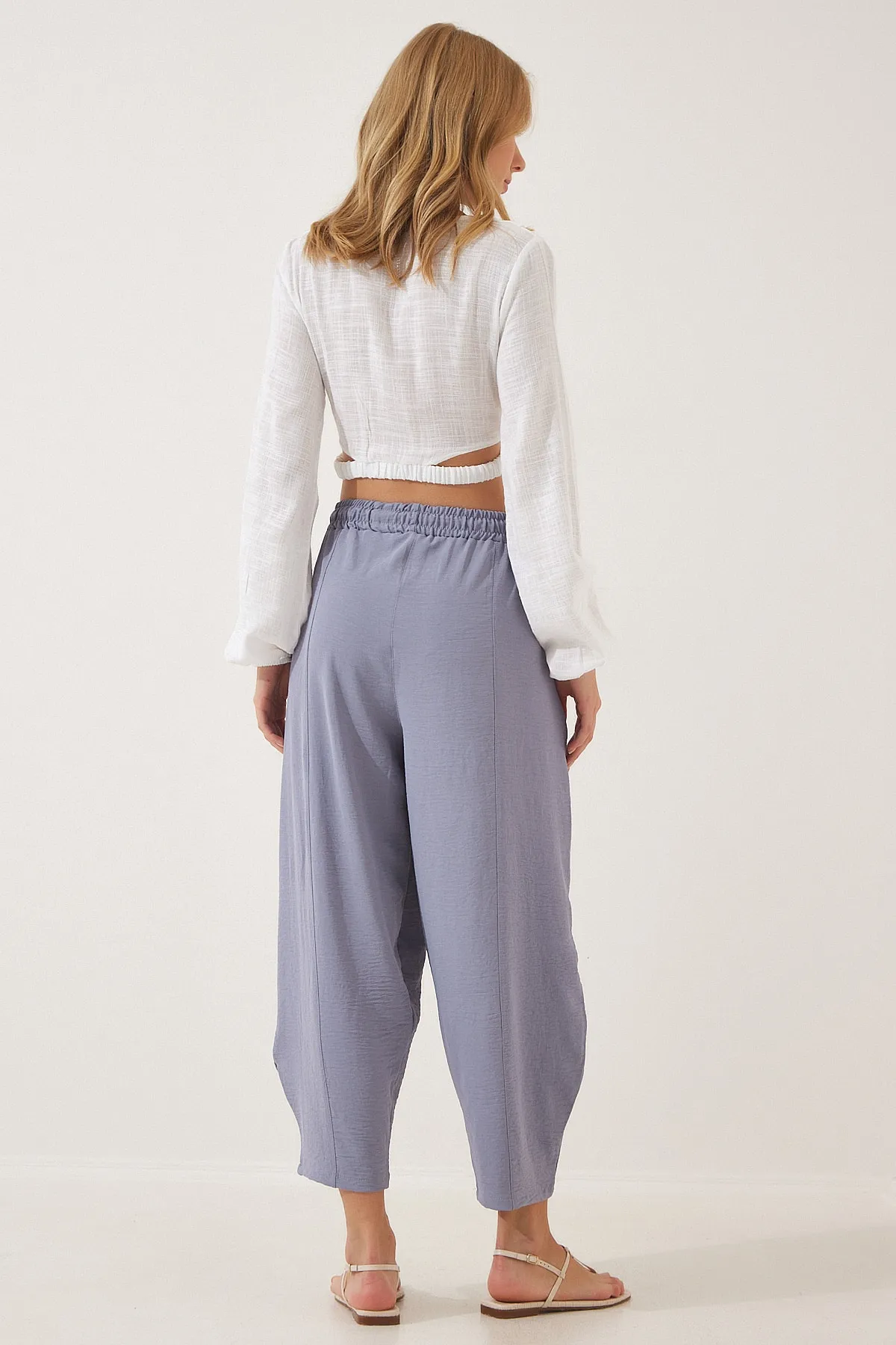 Happiness İstanbul  Damen-Shalwar-Hose aus grauem Leinen CI00036