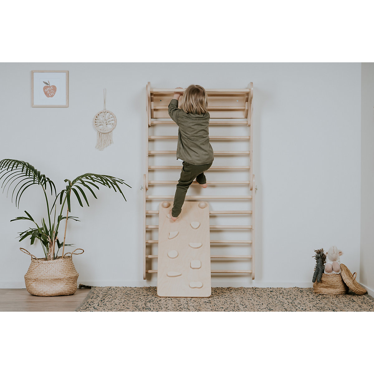 Klettergerüst Sprossenwand mit Rampe und Rutsche Indoor, Kletterdreieck Sprossenwand aus Holz, Klettern Innnen Kleinkind