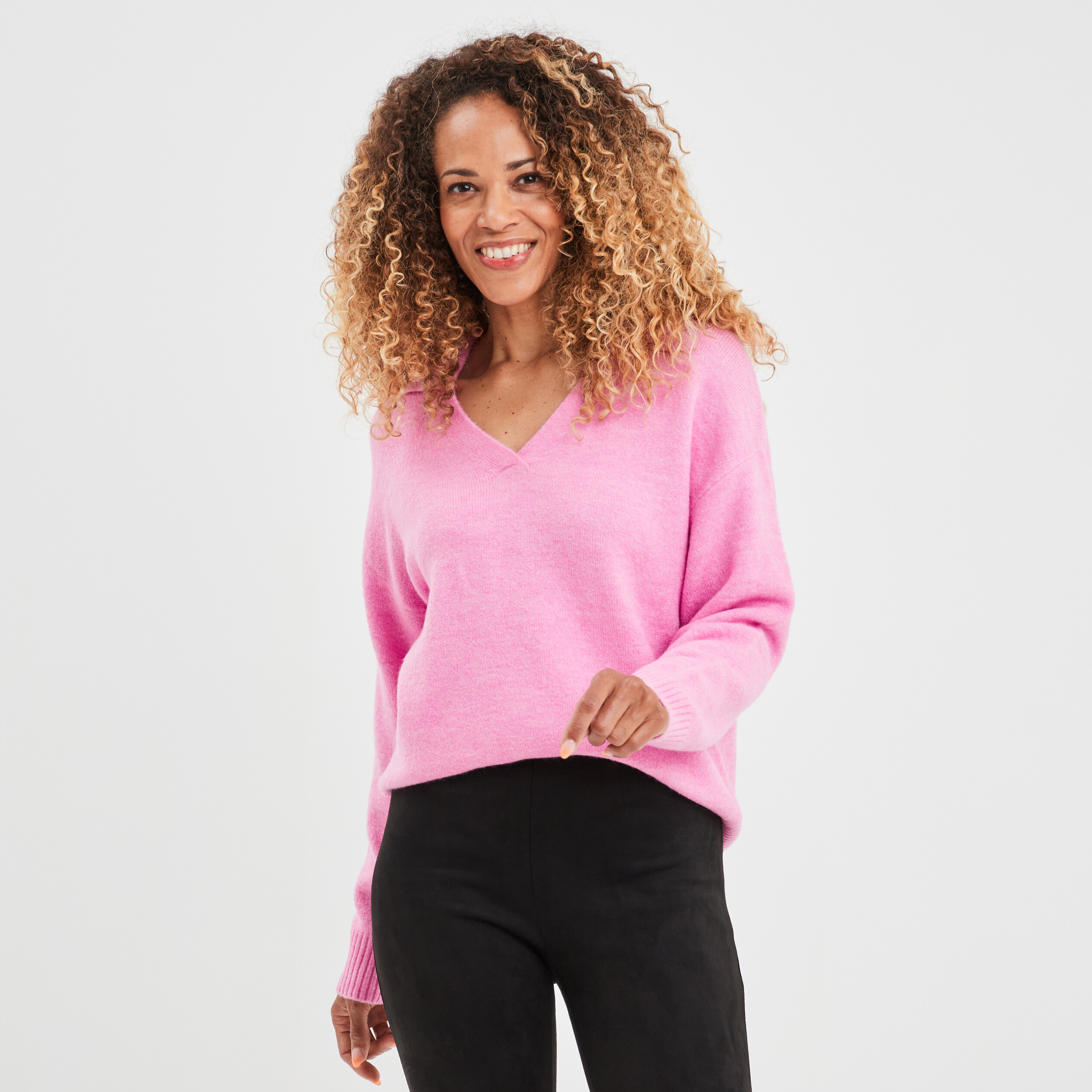 Pull col polo manches longues rose femme | La Halle