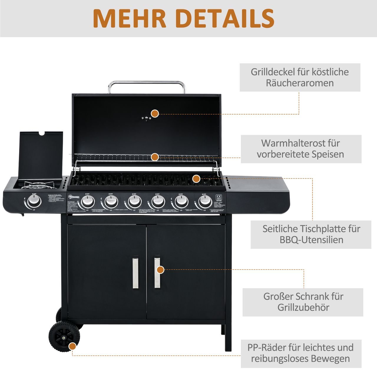 Outsunny Gasgrill BBQ Metall Schwarz 135 x 50 x 100 cm