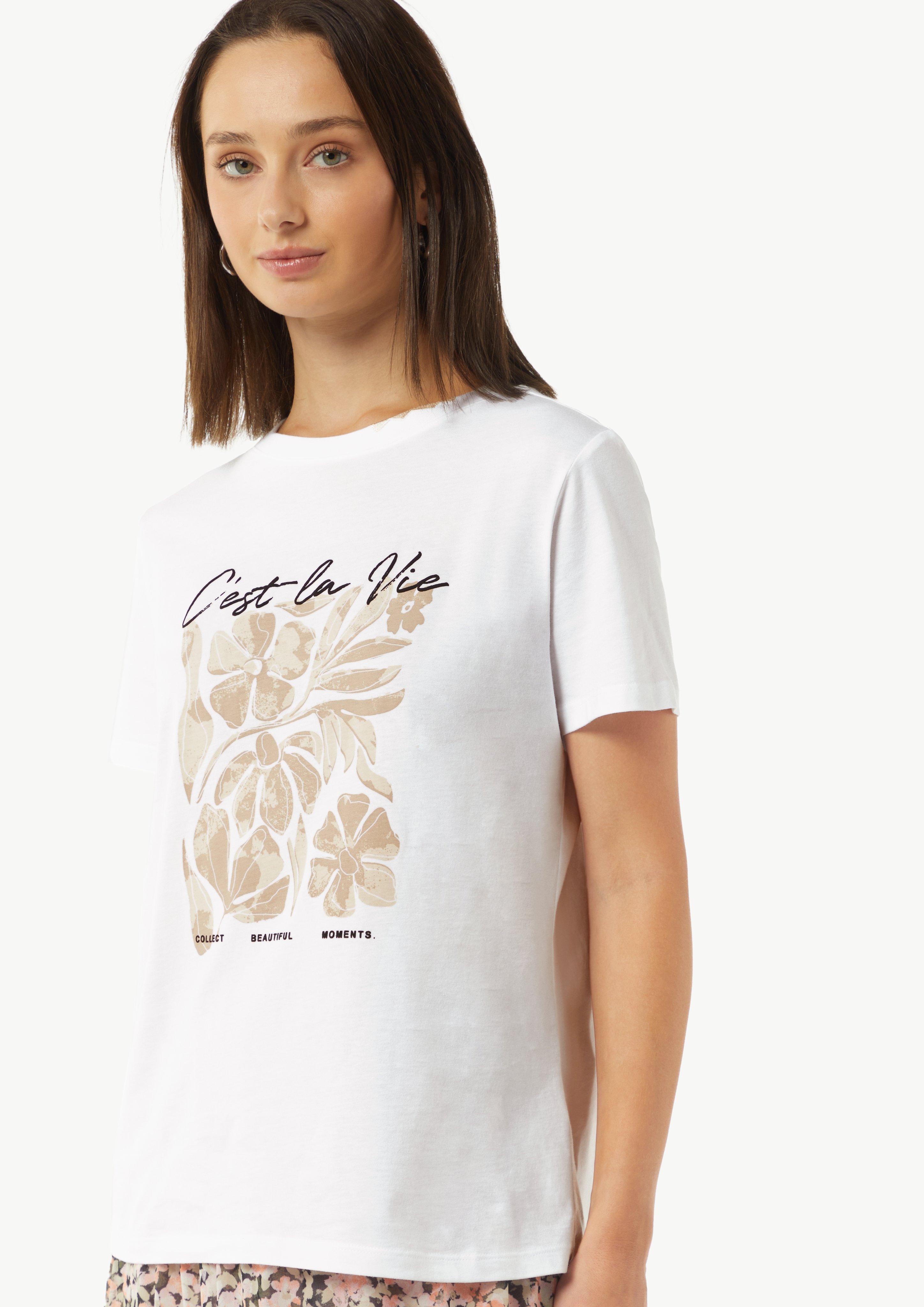 T-Shirt mit Artwork und Stickerei am Ausschnitt - weiß