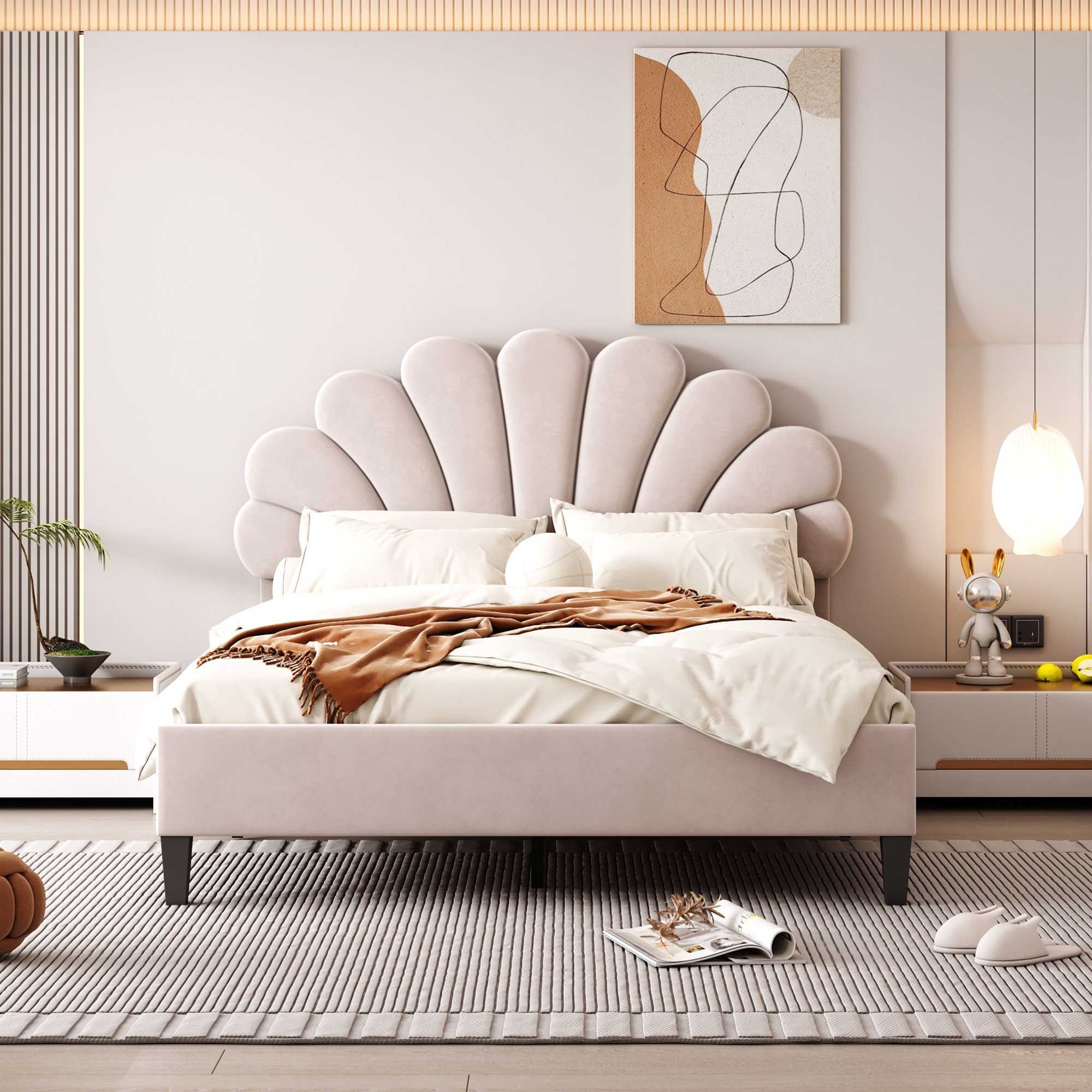 Merax Polsterbett 140x200cm mit Blumenform-Kopfteil und Lattenrost, Doppelbett mit höhenverstellbarem Kopfteil und Samtbezug, Jugendbett