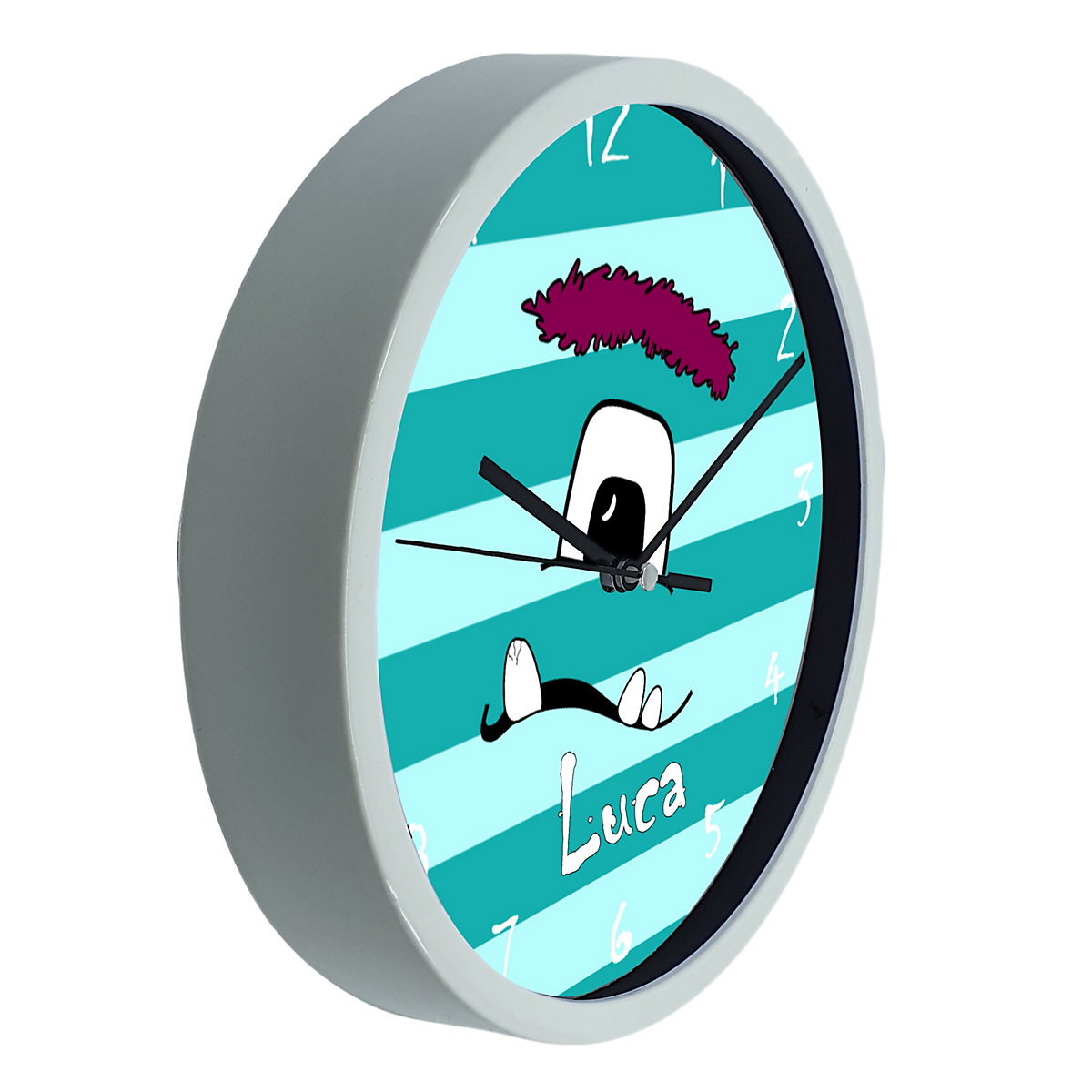 Kinder Wanduhr personalisiert mit Name Monster Streifen türkis