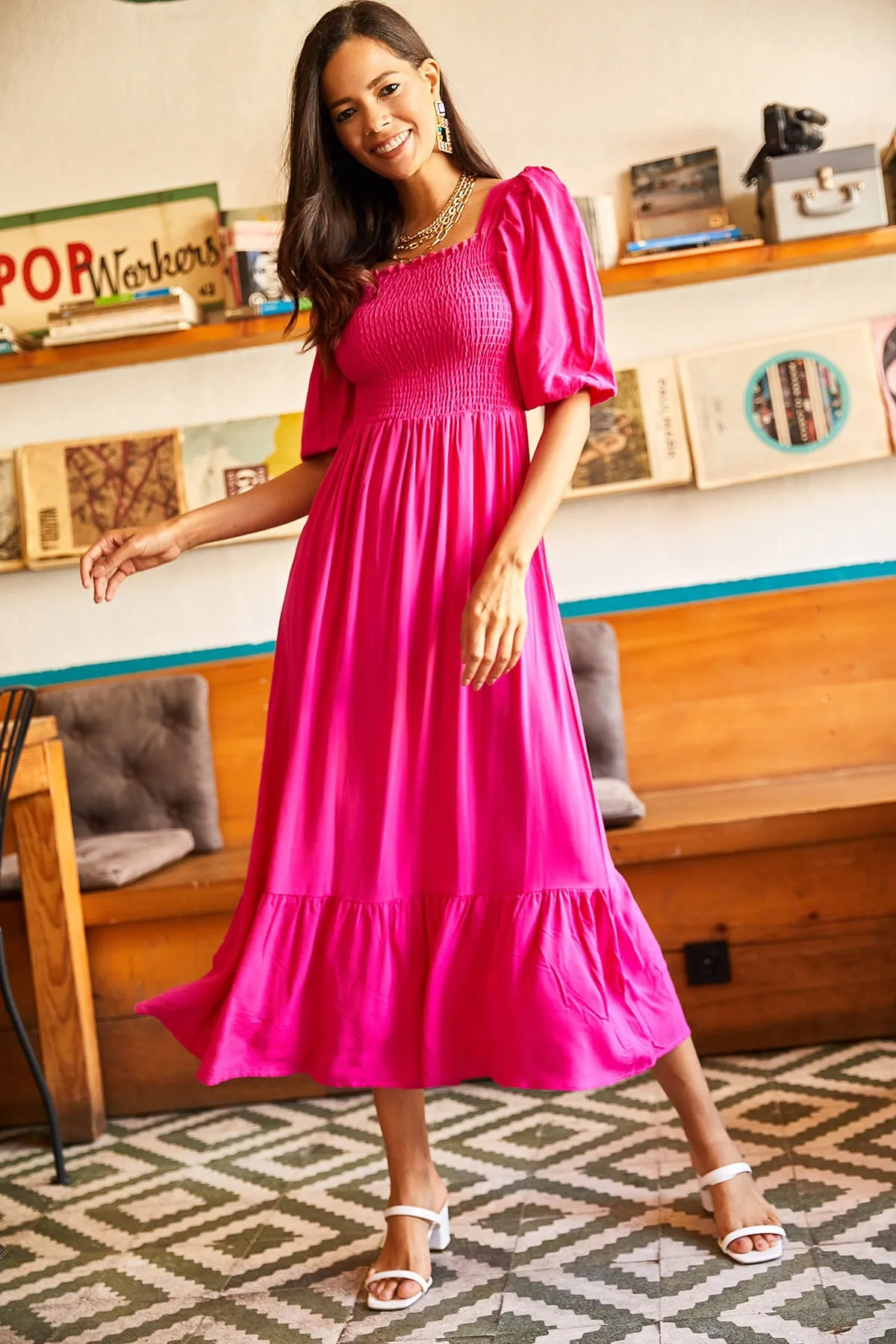 Olalook  Fuchsiafarbenes Bodrum-Kleid mit Gimped-Quadratkragen für Damen ELB-19001557