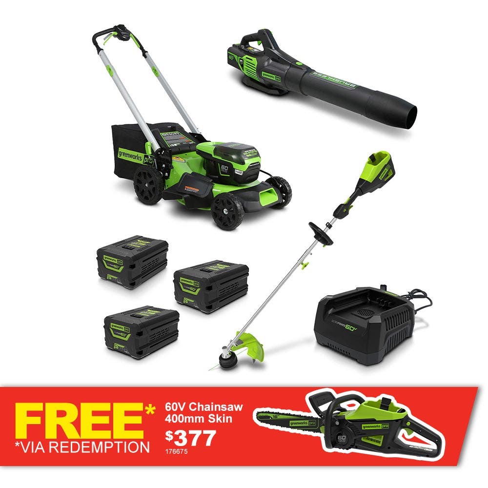 Kit multifuncional GREENWORKS 60V com 1 bateria de 6,0Ah / 2 baterias de 4,0Ah para cortador de grama, soprador e gerador (código 1305307AUVT)