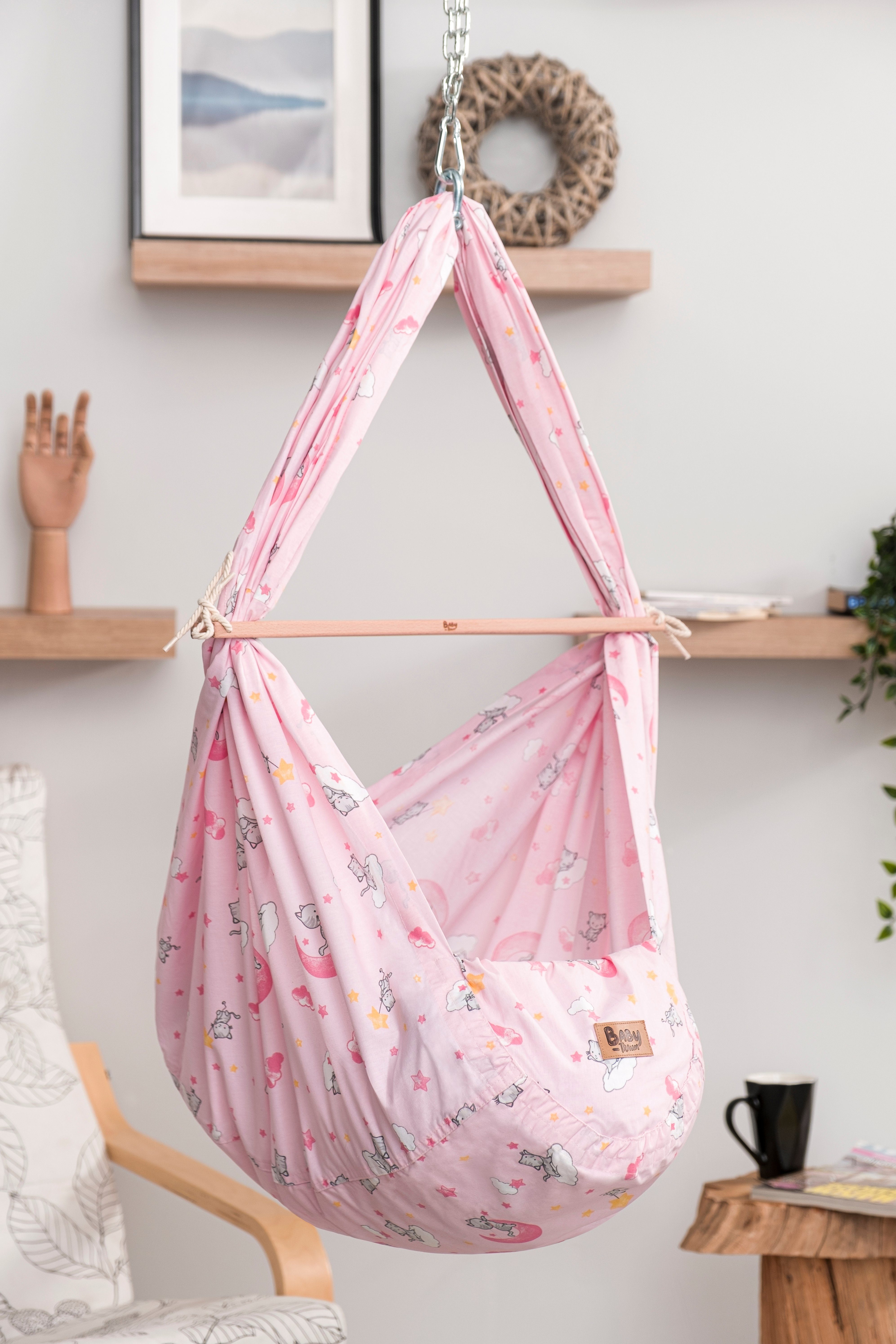 Teppich-Traum Federwippe Einschlafhilfe Baby FEDERWIEGE für optimalen Schlaf, Kätzchen & Wölkchen - rosa