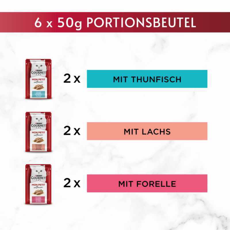 GOURMET Nassfutter GOURMET Mon Petit Intense 8x6x50g mit Thunfisch, Lachs, Forelle