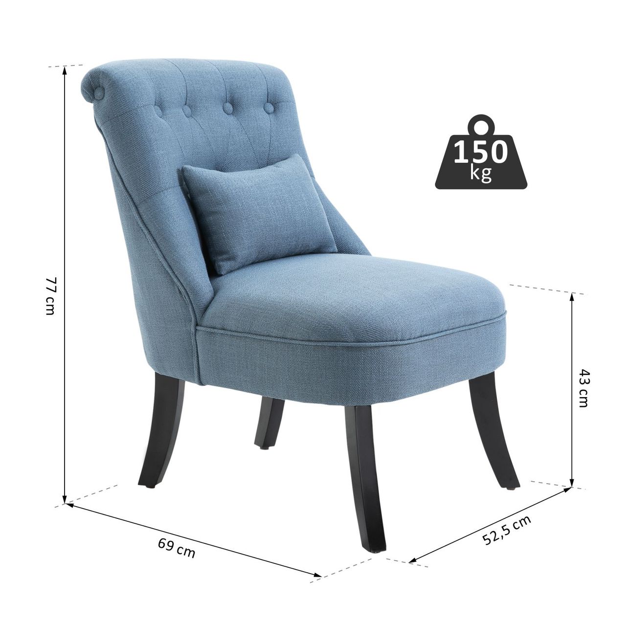 HOMCOM Relaxsessel mit Rückenkissen, Sessel, Fernsehsessel, Erhöhte Füße, Leinen, Blau, 52,5 x 69 x 77 cm