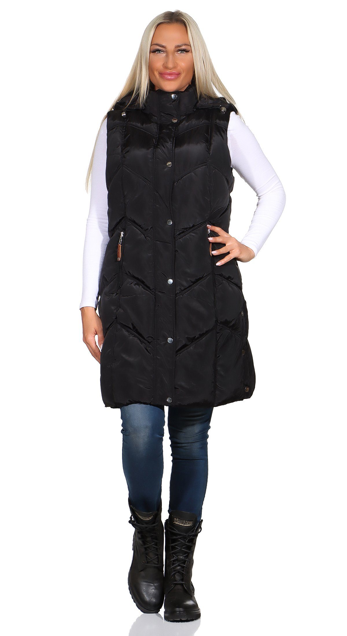Aurela Damenmode Steppweste Steppweste Damen Longweste mit moderner Steppung abnehmbare Kapuze, auch in großen Größen erhältlich