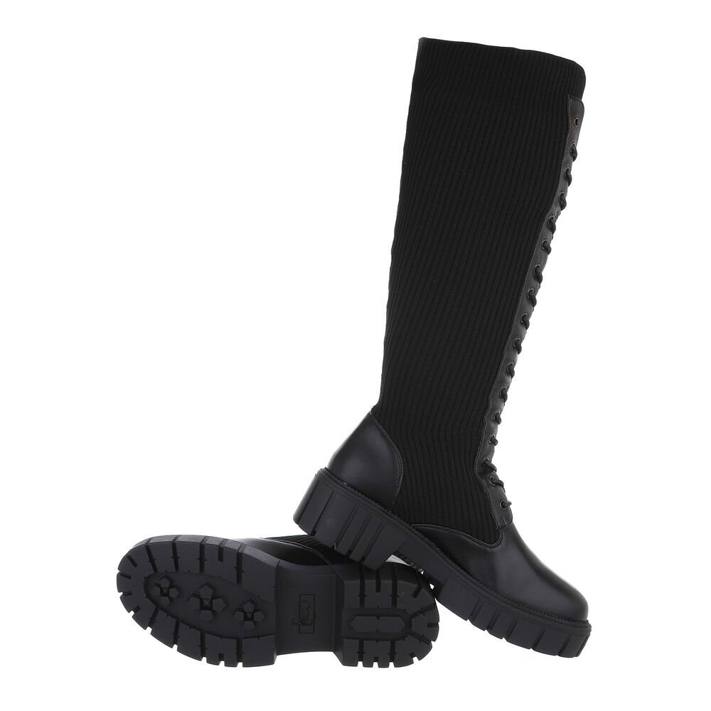 Ital-Design Damen Schnürschuhe Freizeit Plateaustiefel Blockabsatz Schnürstiefel in Schwarz