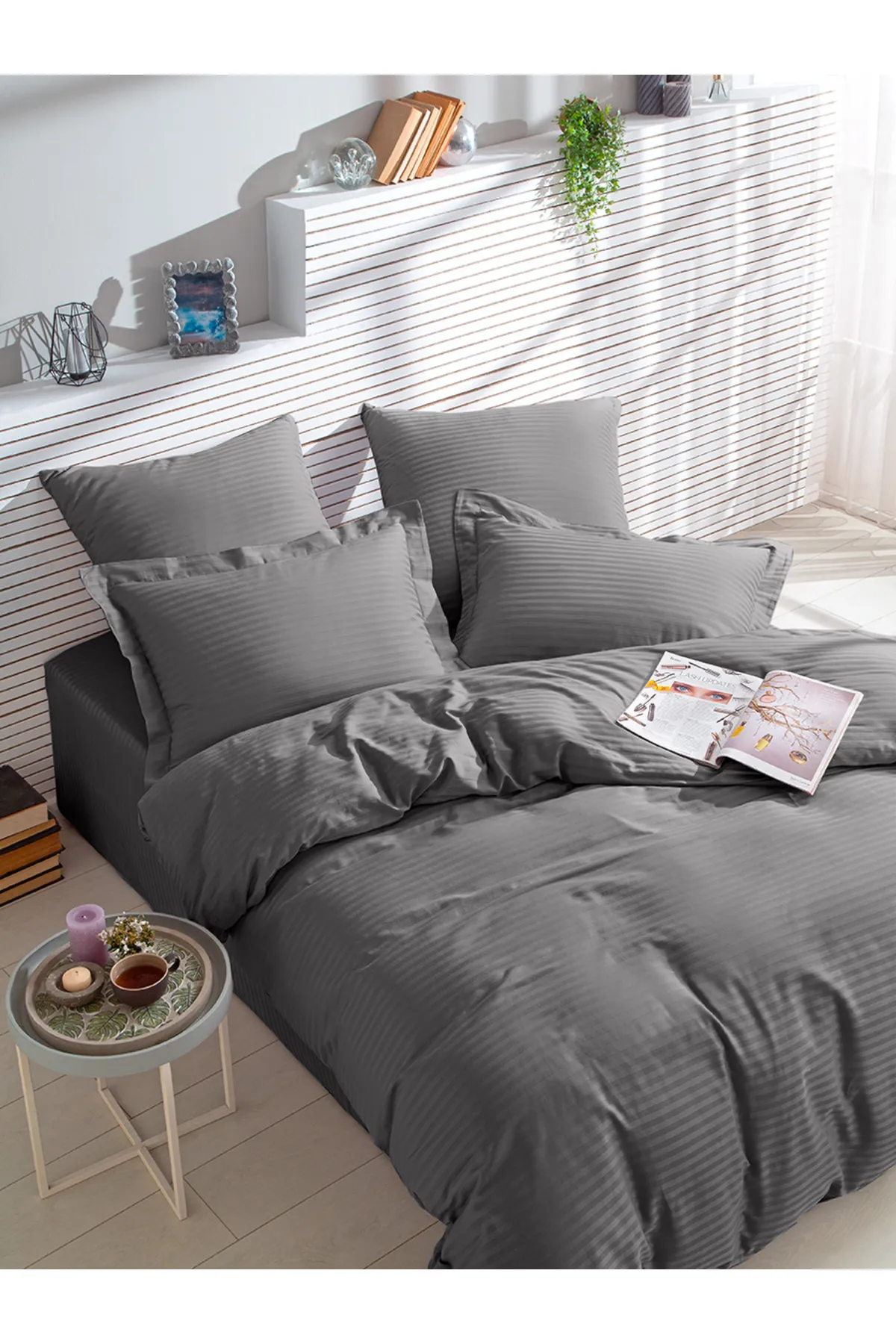 Karna Home  Streifen-gestreiftes Bettbezug-Set aus doppeltem Baumwollsatin, Grau
