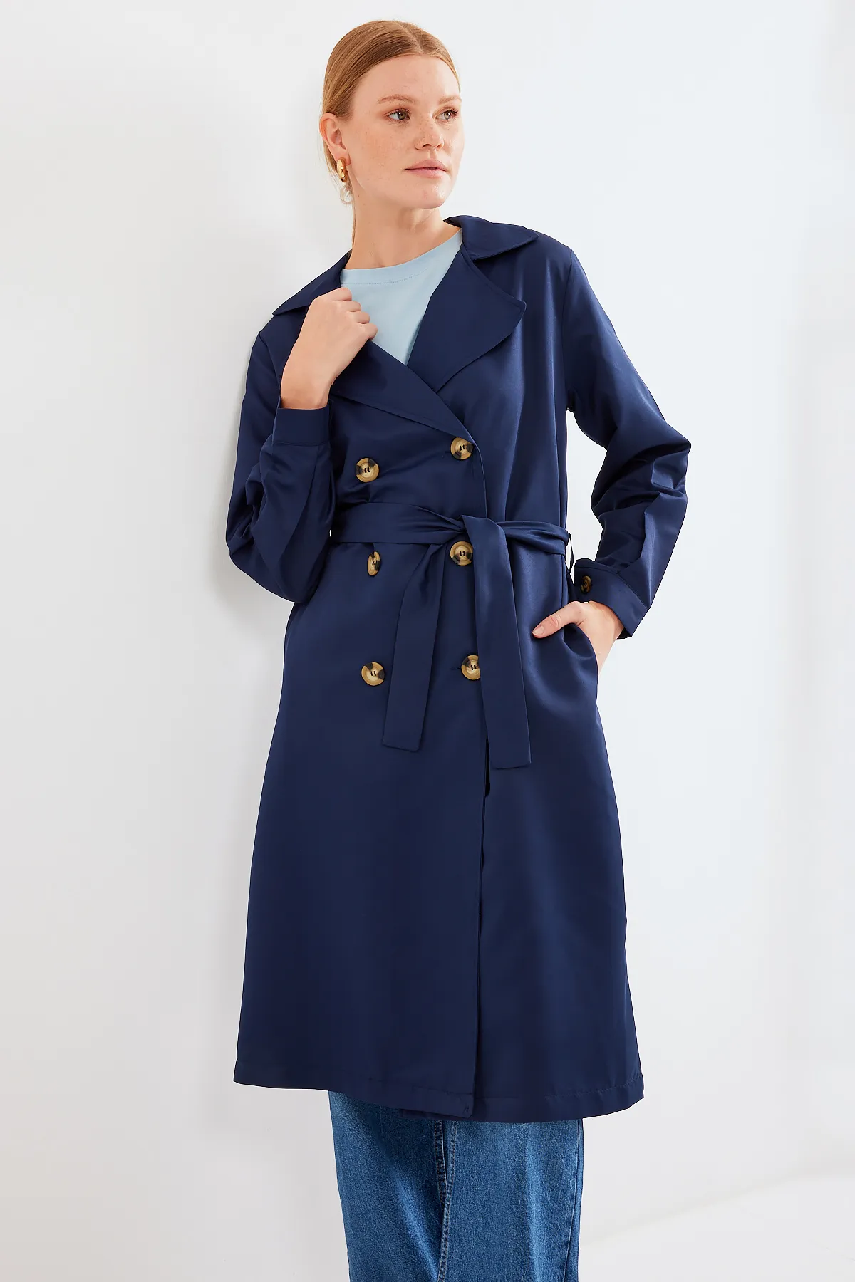 Bigdart  5853 Zweireihiger Trenchcoat mit Kragen – Marineblau