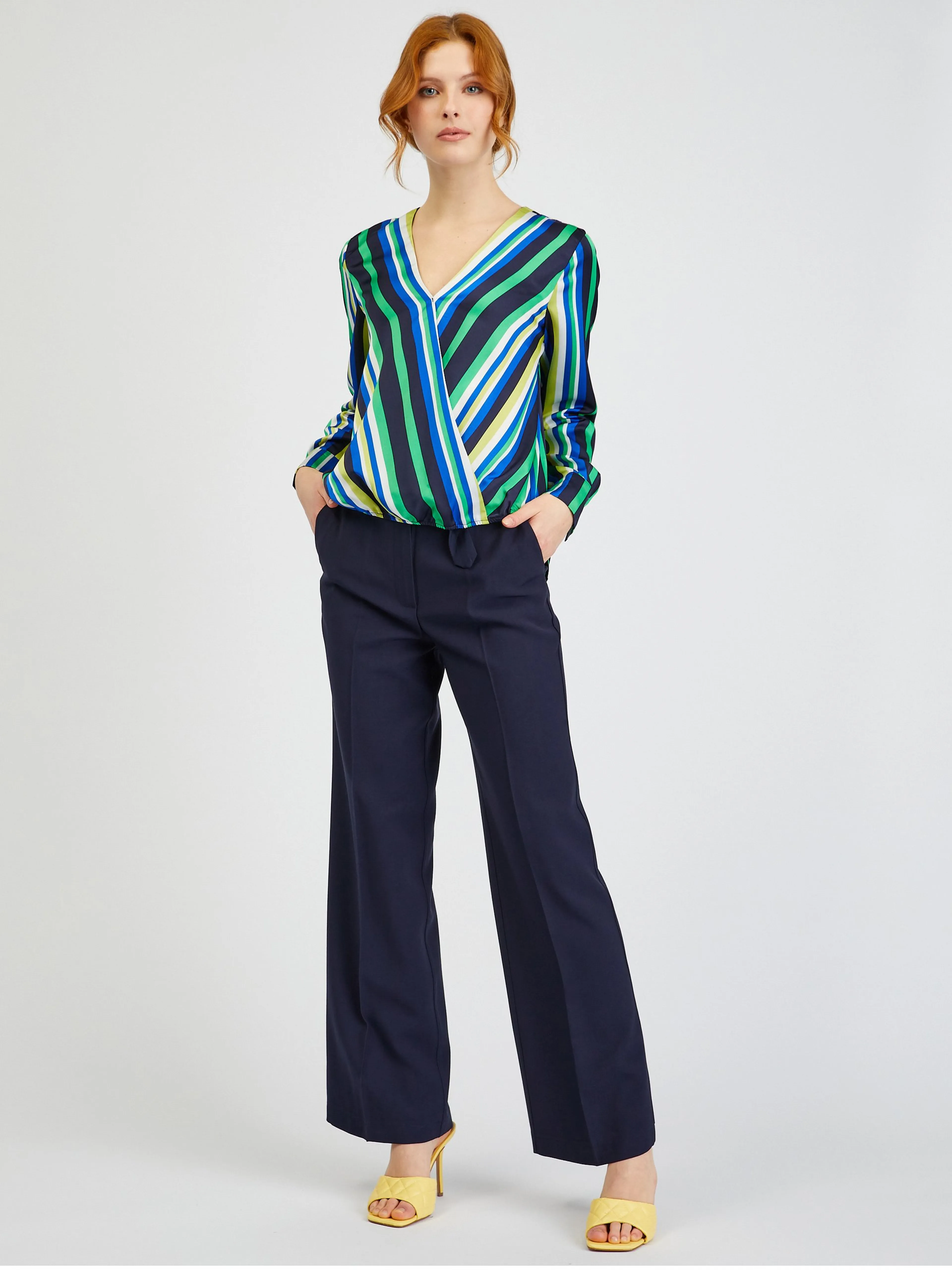 Blau-grün gestreifte Damen-Satinbluse ORSAY