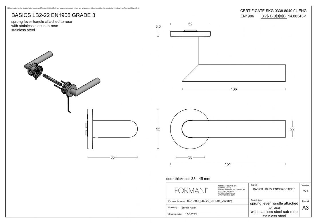 Formani 1501D152IGXX0 BASICS LB2-22 Türgriff EN1906 Klasse 3, gefedert auf Rosette, PVD-beschichtet, Gunmetal