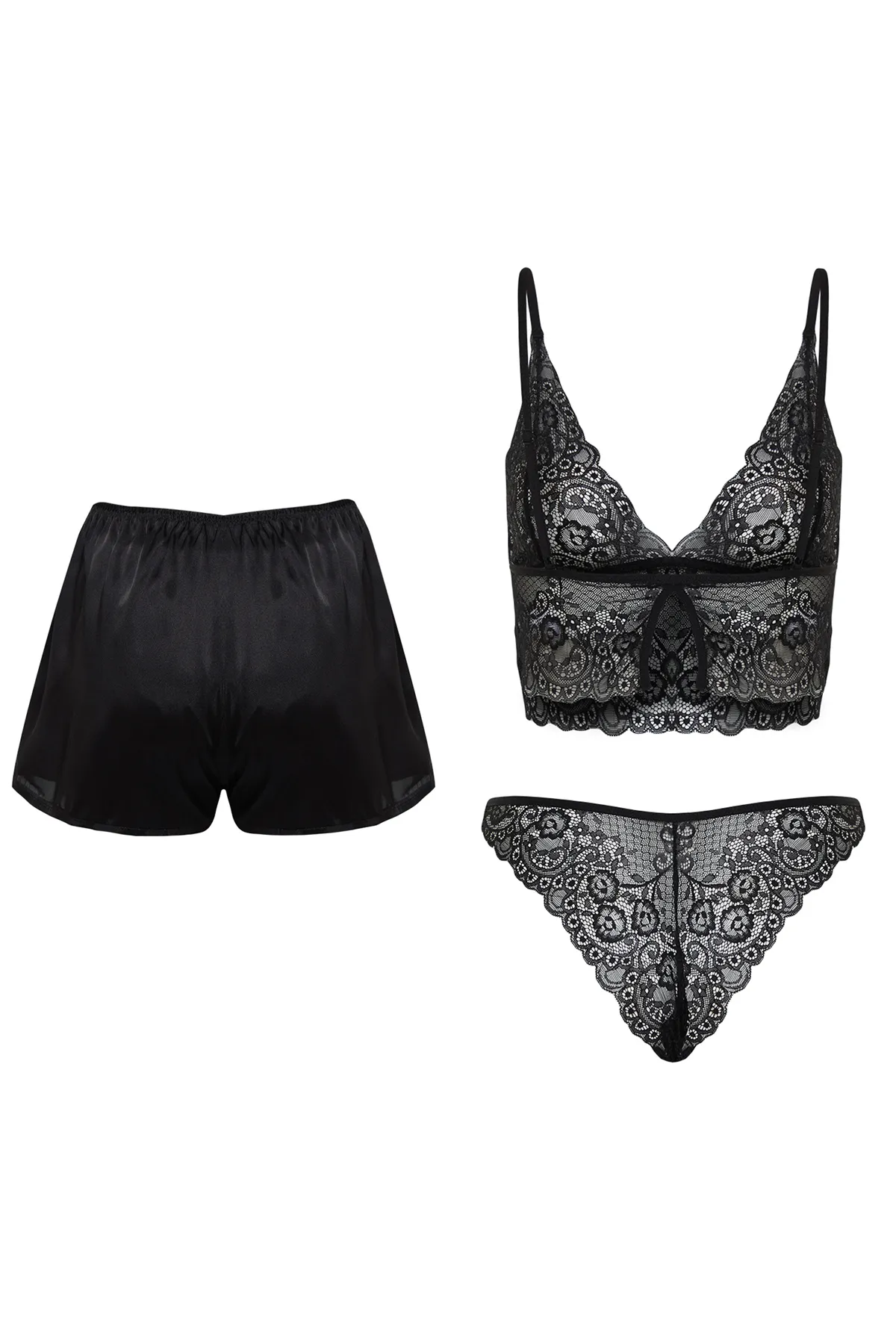 Trendyol Collection  Schwarzes 3-teiliges Spitzen-Unterwäscheset mit String-Trägern und Shorts THMSS24CC00031