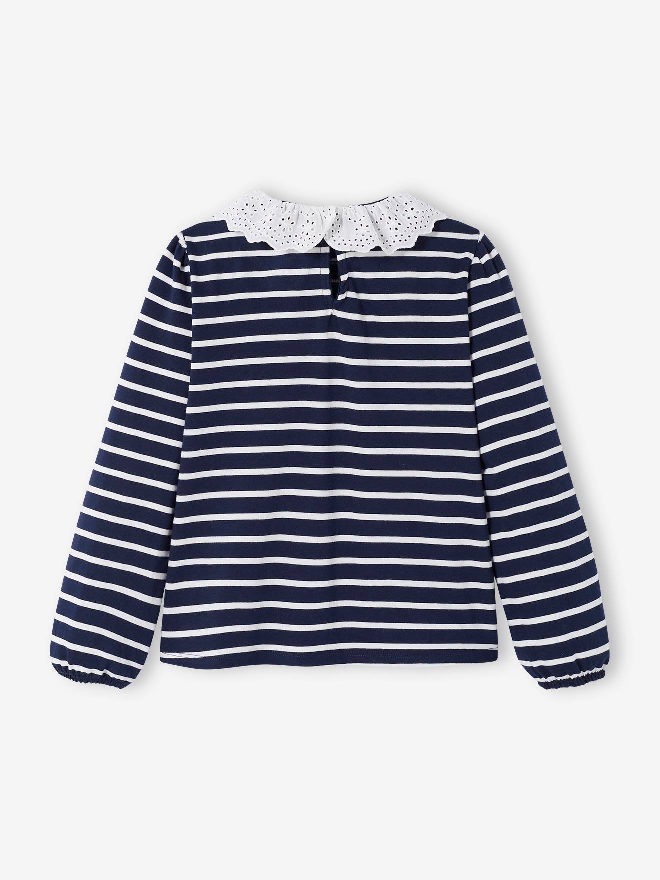 T-shirt blouse col en broderie anglaise fille marine rayé