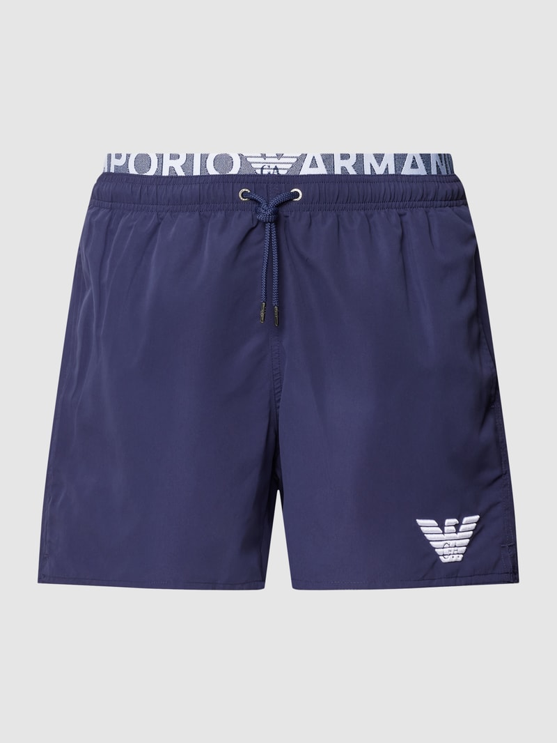 Badehose mit elastischem Logo-Bund Modell 'Double' in dunkelblau