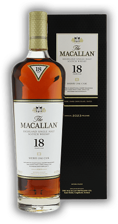 Macallan 18 Years Sherry Oak Release 2023 Macallan 18 Years Sherry Oak Release 2023 Ein Single Malt, der sich durch reife Eiche, Ingwer, dunkle Schokolade und Datteln auszeichnet. Alter 18 J. - 0,7	 Liter - Vol 43%