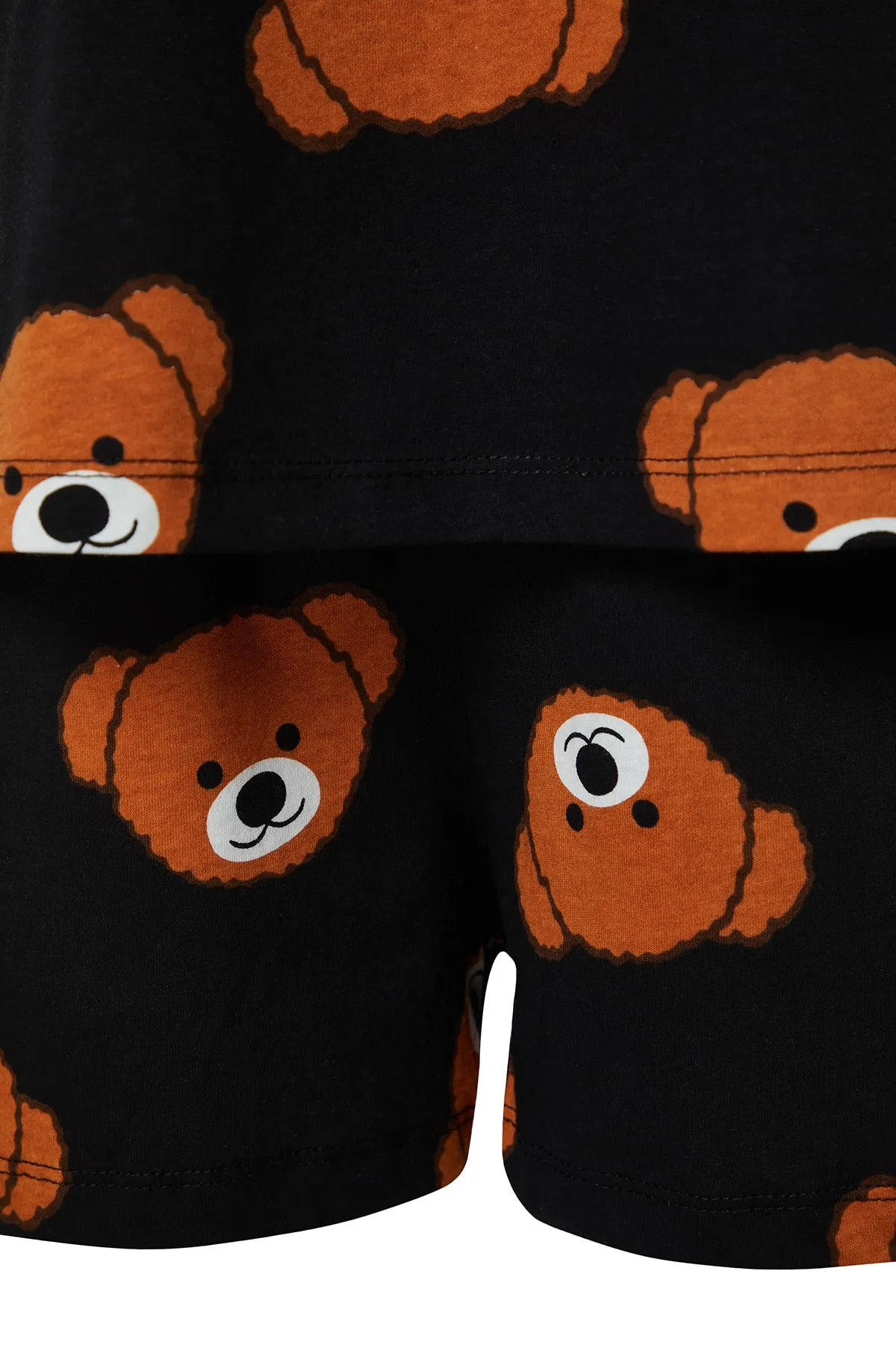 Trendyol Collection  Schwarzes Strickpyjama-Set mit T-Shirt und Shorts aus 100 % Baumwolle mit Teddybärmuster THMSS23PT00005
