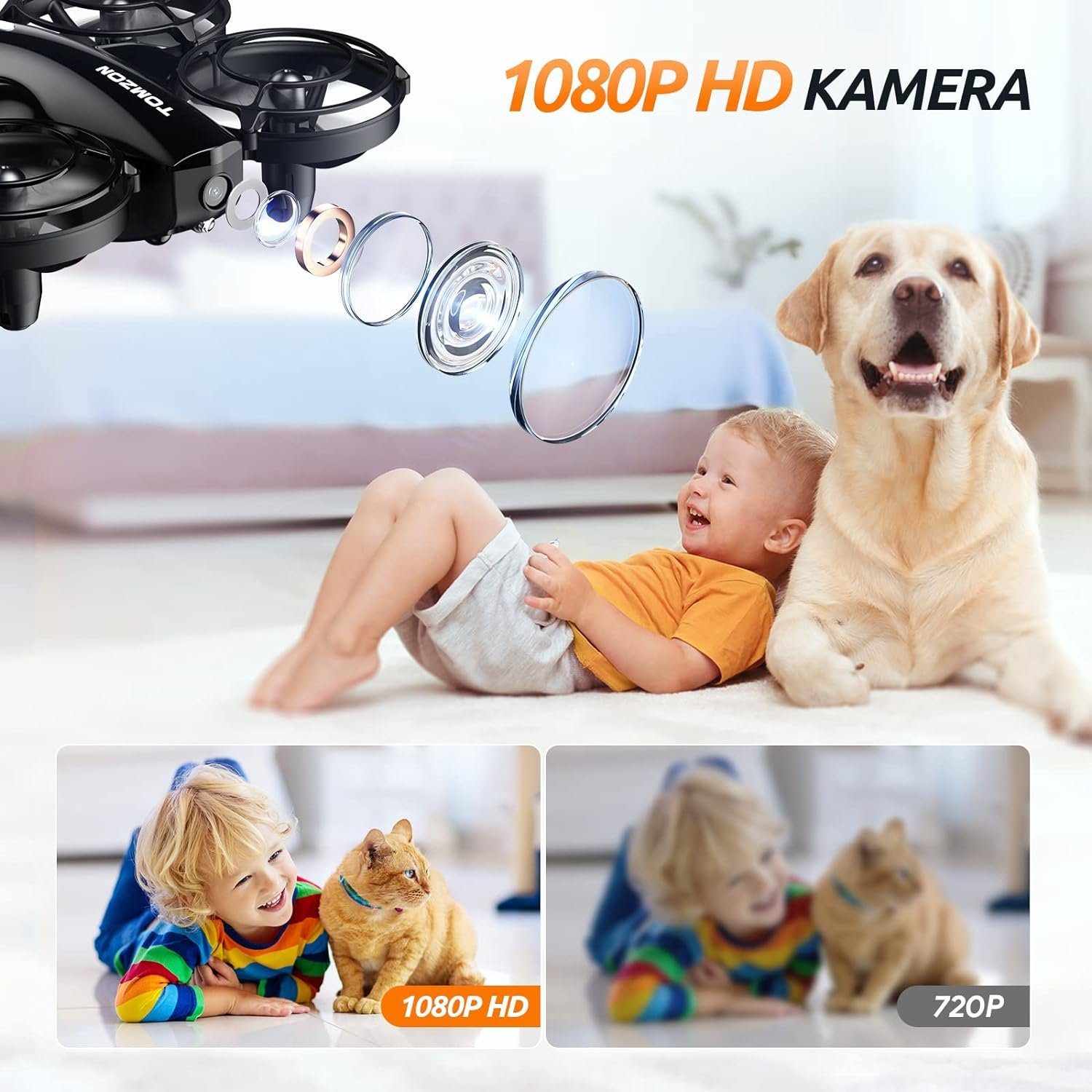 Tomzon Kinderdrohne mit Kamera, Anfängerdrohne unter 100g für Indoor Drohne (1080P HD, mit 3AkkusLangeFlugzeitPropellerschutzRotation Geschenk Jungen Mädchen)