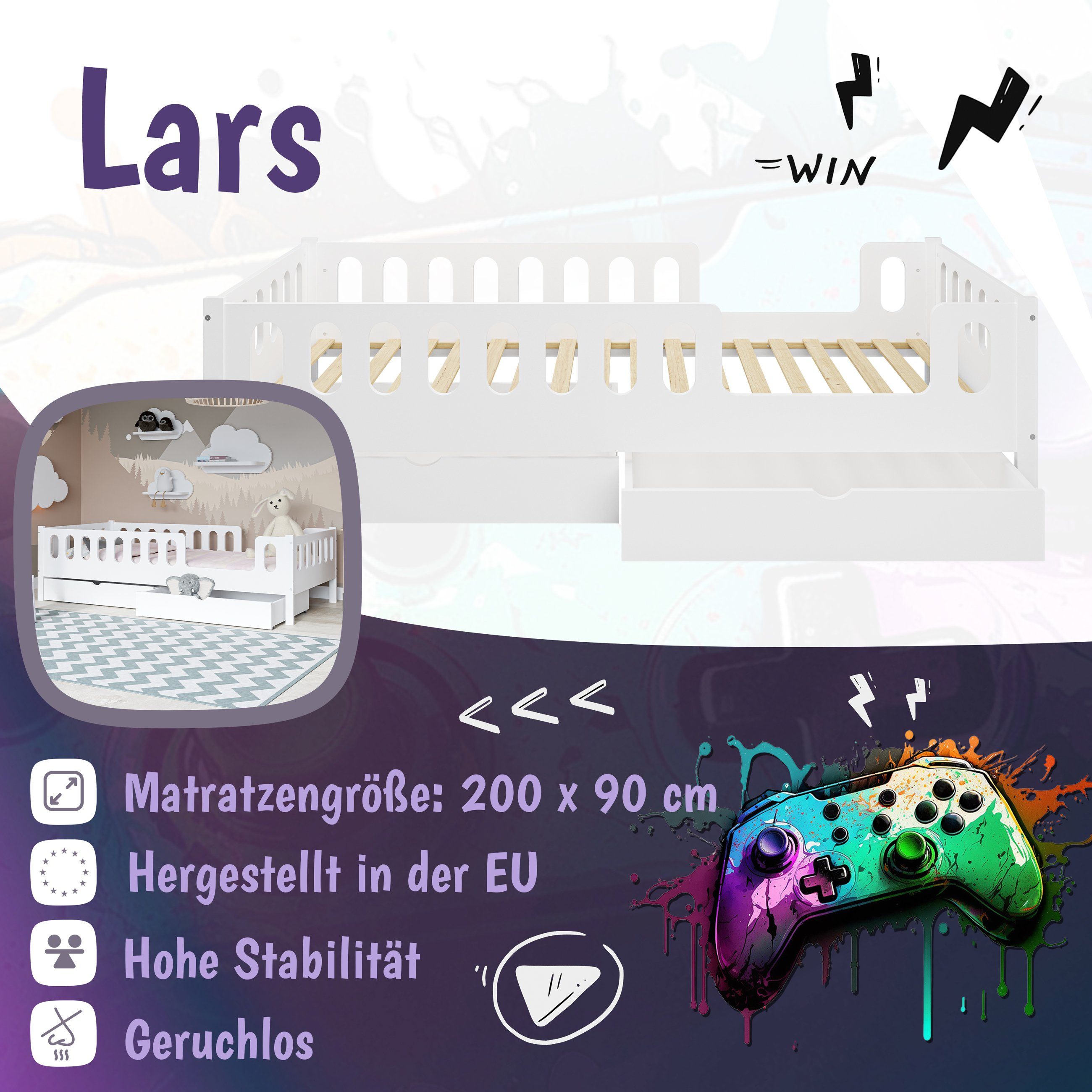 CADANI Kinderbett LARS 200x90 cm - Weiß (abnehmbarer Rausfallschutz), Bodenbett, einfache Montage, integrierter Lattenrost, Montessori