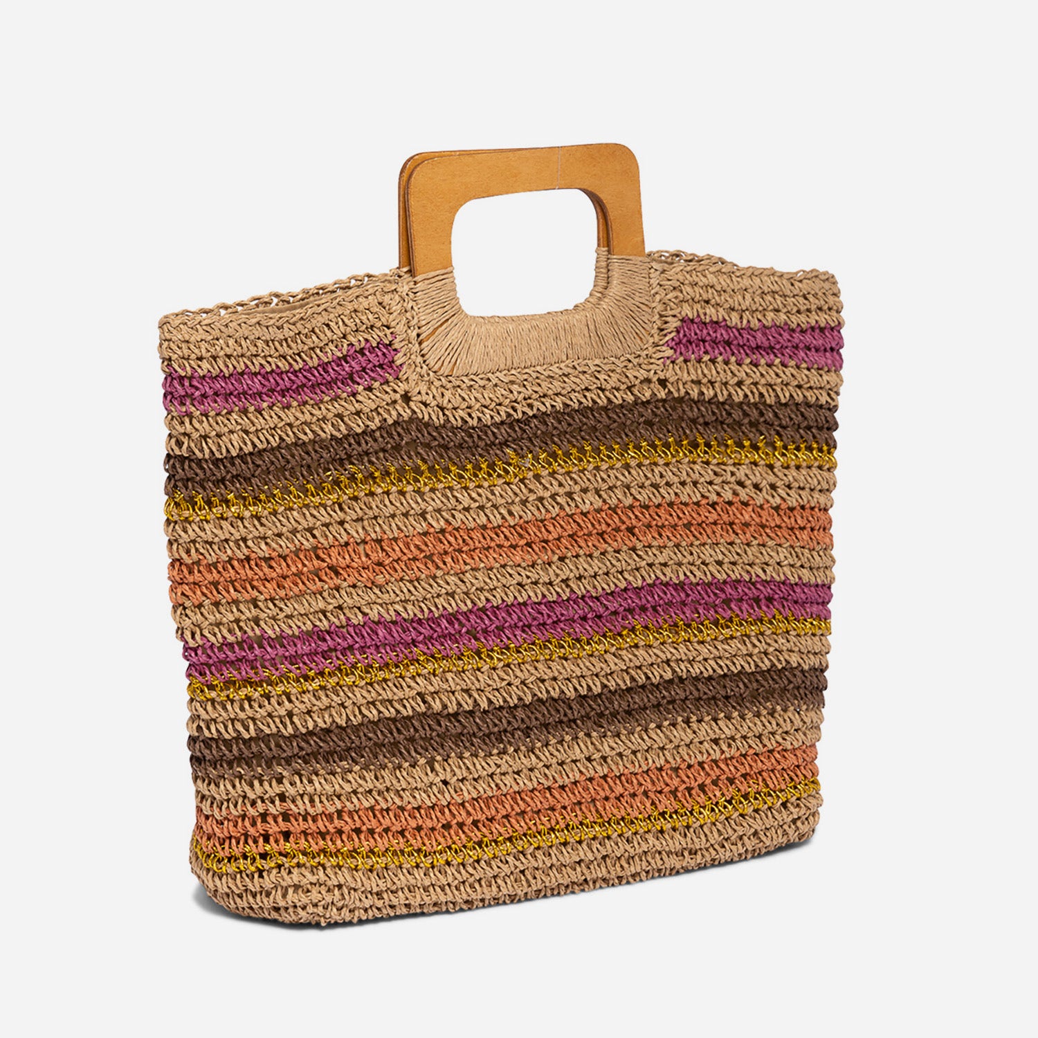 Sac cabas TEXTO beige rayé rose, marron, doré, orange