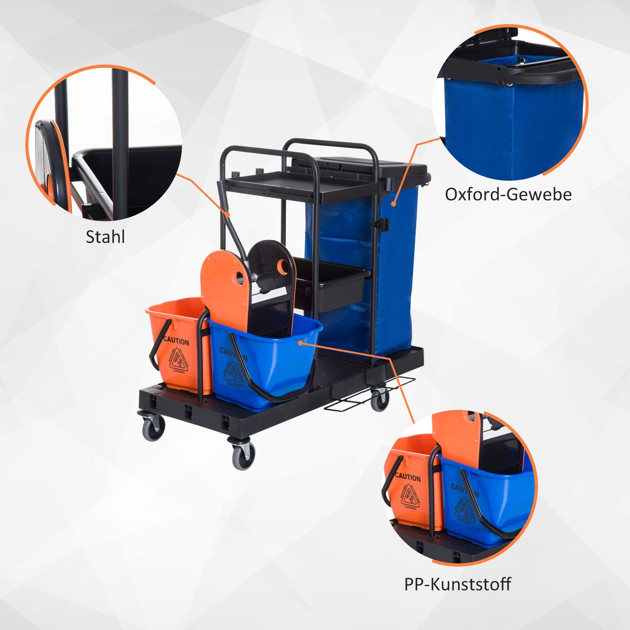 HOMCOM Putzwagen Reinigungswagen Wischwagen Systemwagen mit 4 leichtgängigen Rollen Schwarz Blau Orange 111 × 63,3 × 103 cm