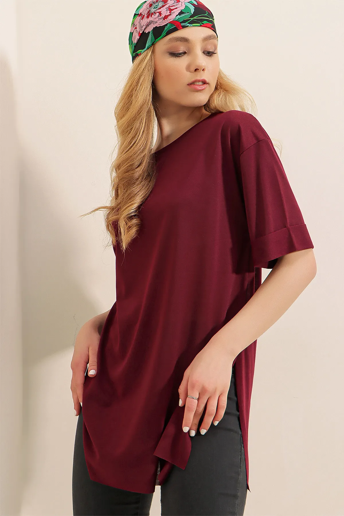 Bigdart  4123 Übergroßes T-Shirt mit Schlitz – Pflaume