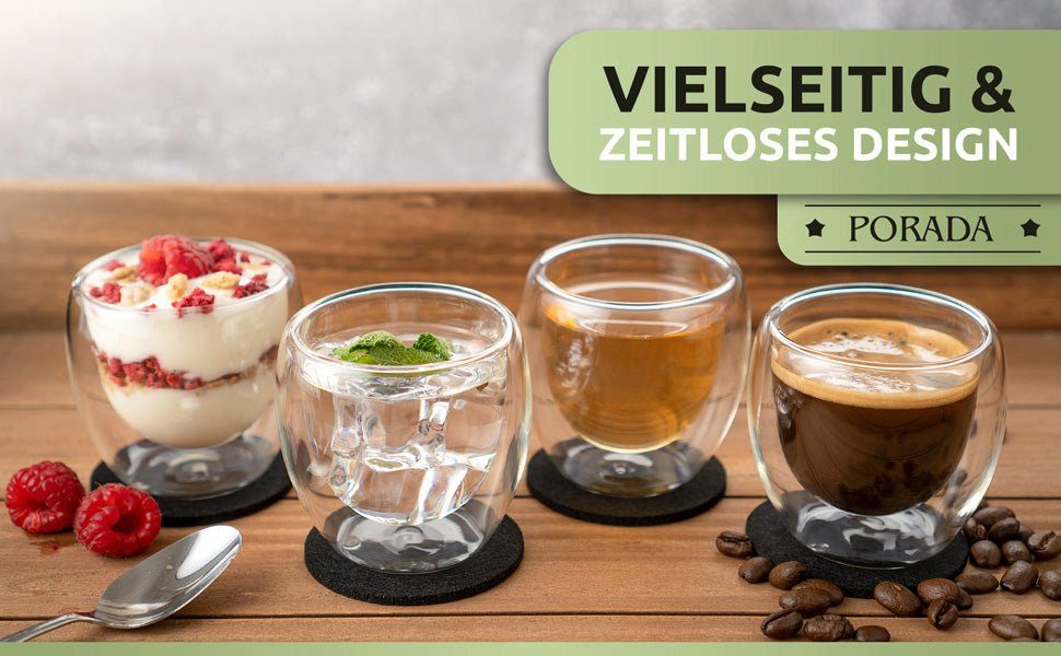 PORADA Espressoglas 4er Set doppelwandige Espresso Gläser 80ml, 4-teilig, Espresso Gläser-Set 80ml, doppelwandig, isolierend