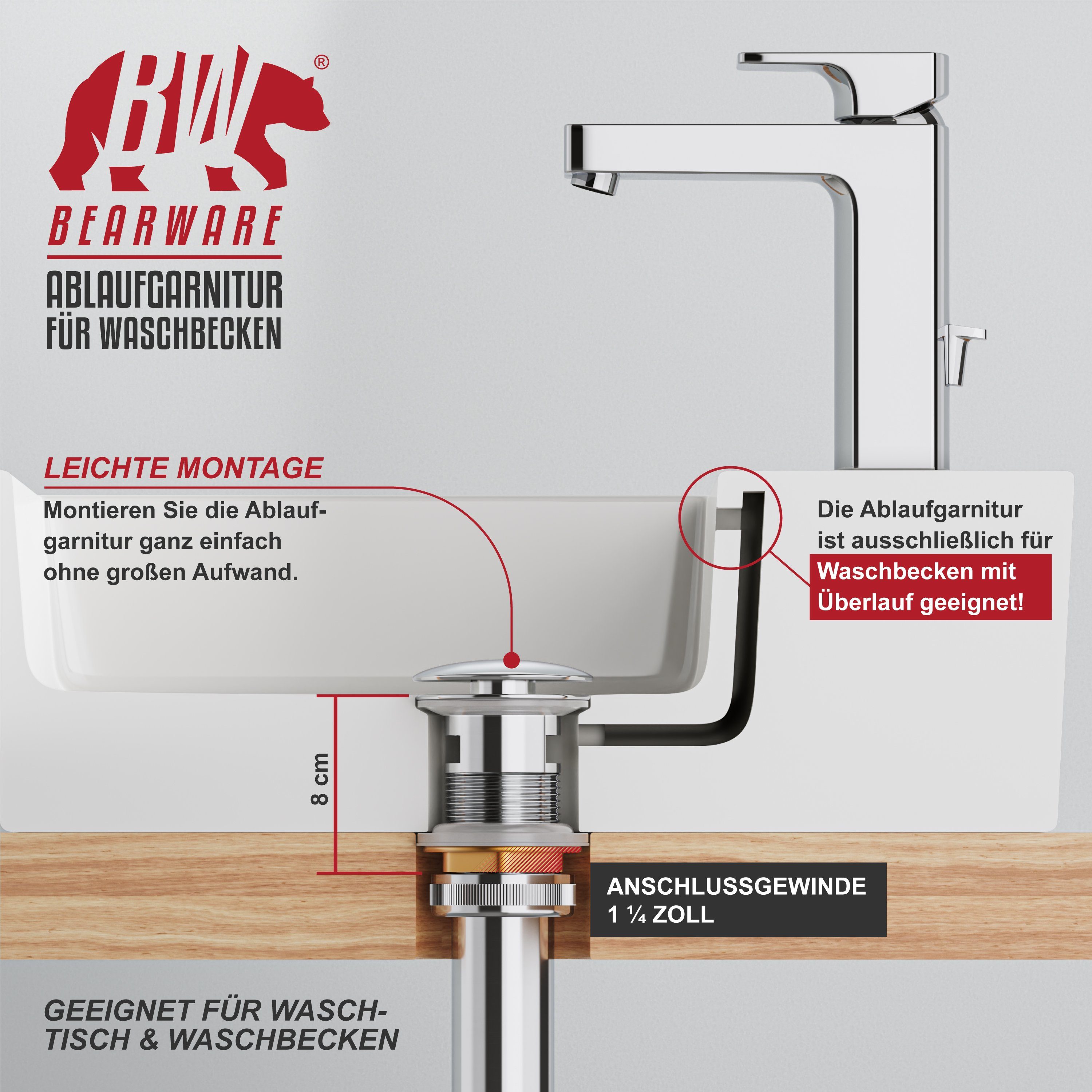BEARWARE Ablaufgarnitur mit Überlauf Stöpsel, Messing verchromt, 1¼ Zoll, Ablaufventil, Pop Up