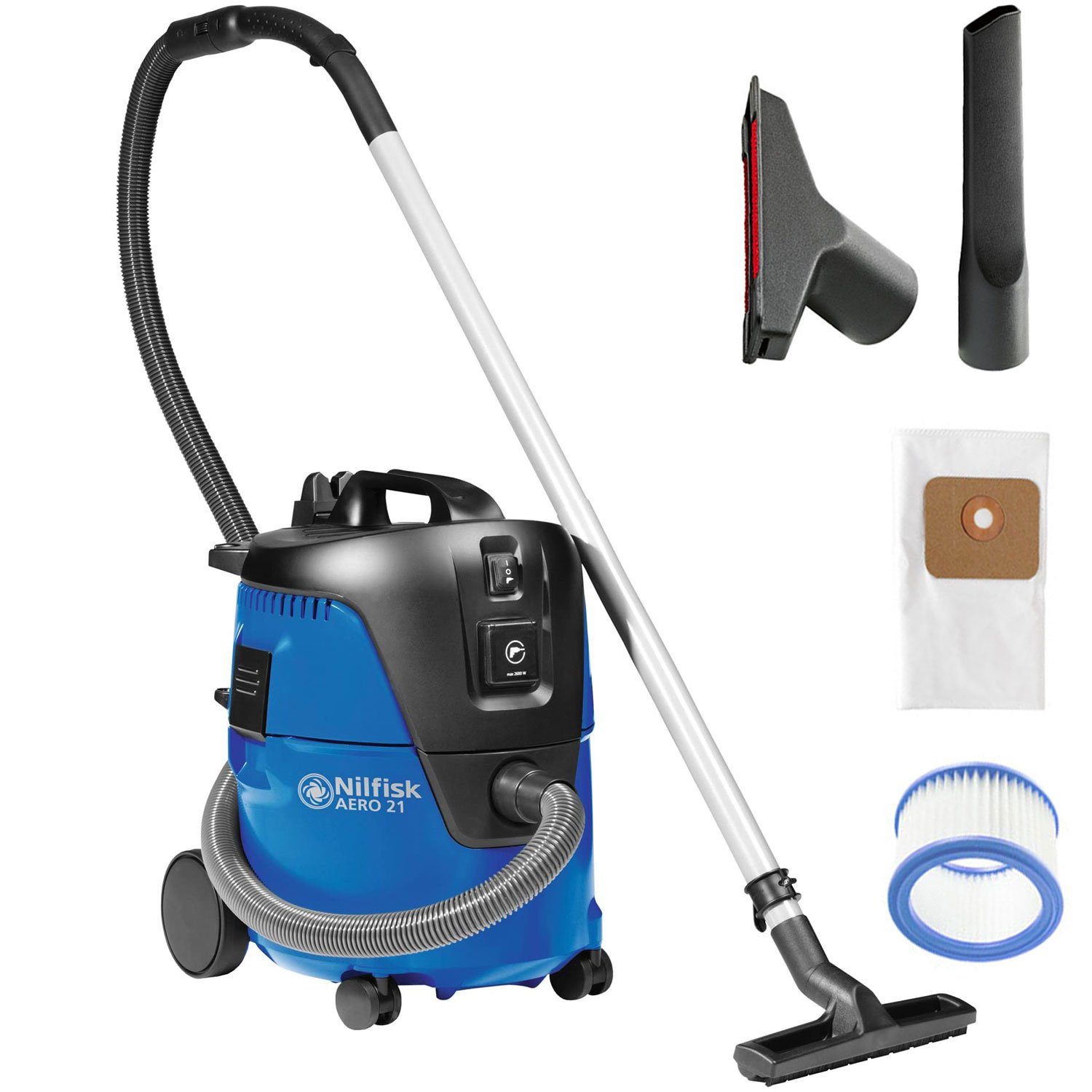 Nilfisk Nass-Trocken-Sauger Aero 21-21 PC, 1250 W, mit Beutel, Push&Clean, Gerätesteckdose, Blasfunktion
