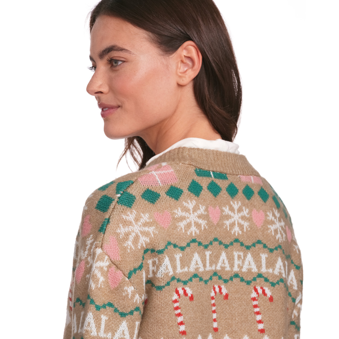 Damen Weihnachtsstrickjacke mit V-Ausschnitt beige
