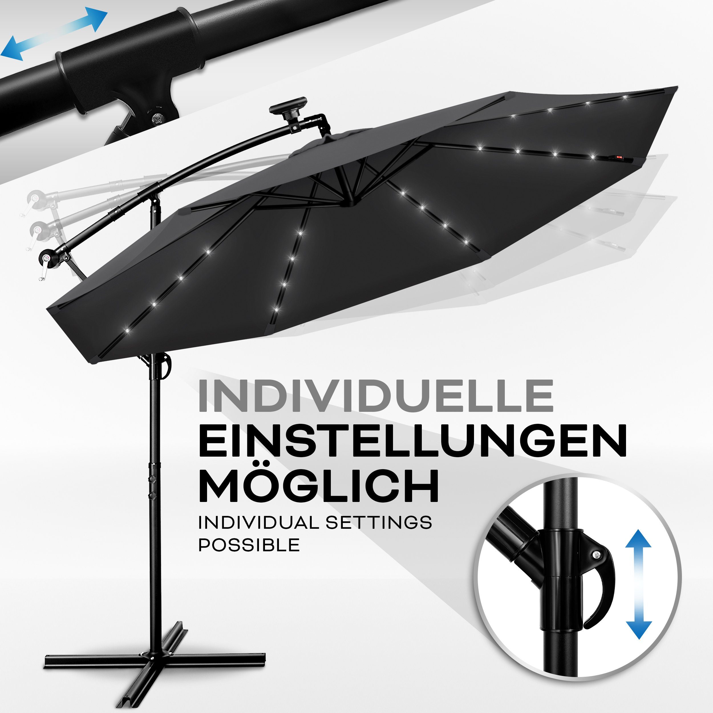 tillvex Sonnenschirm Ø 300 cm Alu Ampelschirm LED Solar mit Kurbel & An-/Ausschalter, Gartenschirm UV-Schutz, Marktschirm mit Ständer wasserdicht