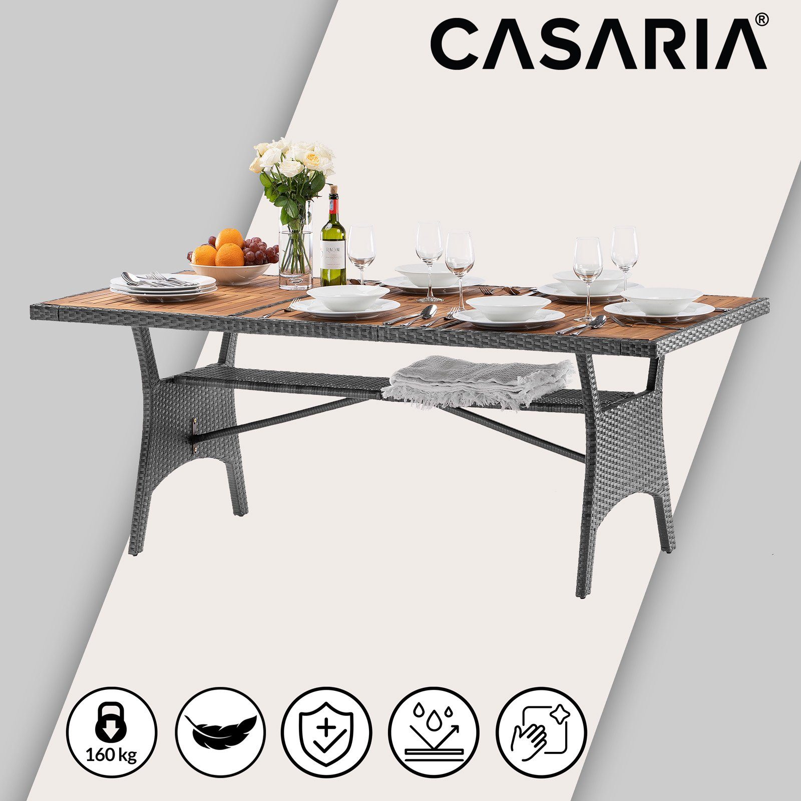 Casaria Gartentisch (1-St), Polyrattan mit Ablage FSC®- zertifiziertes Akazienholz 190x90x74cm
