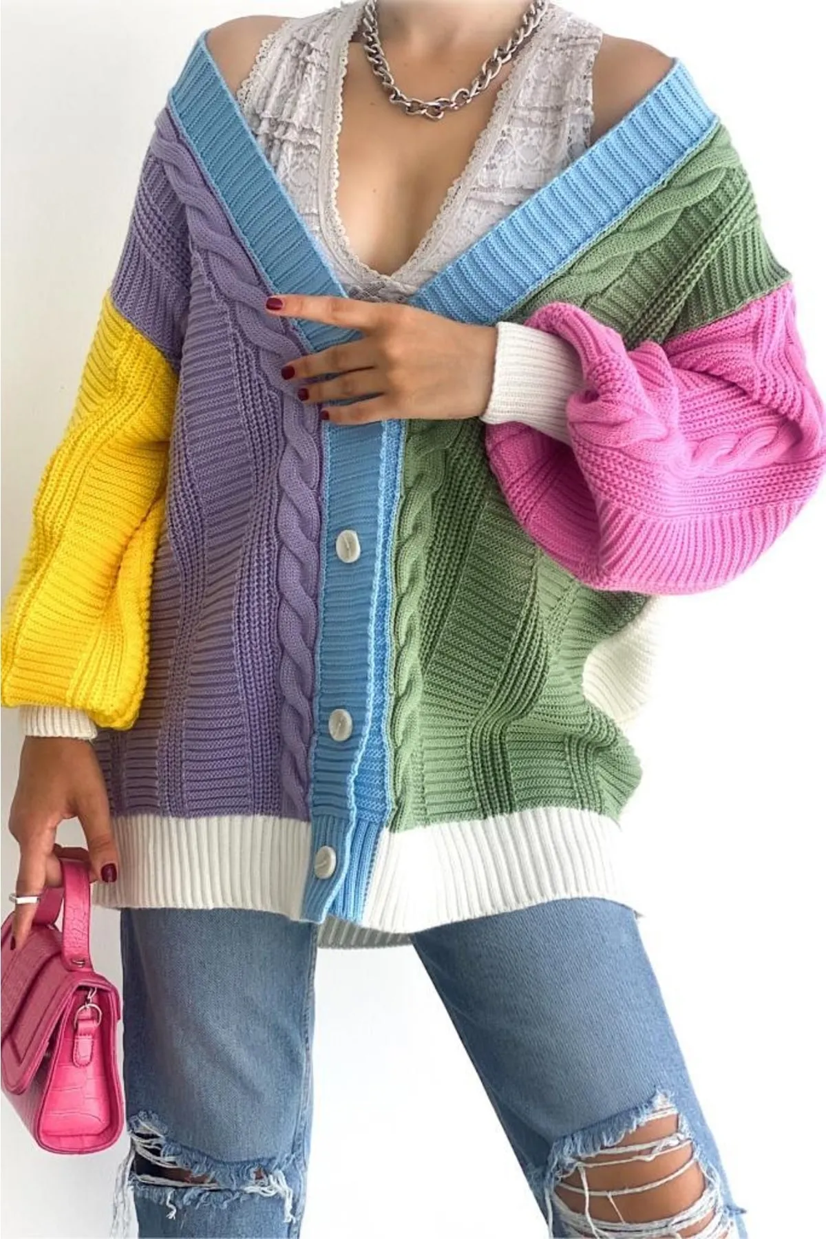 FEMELLE  Damen Standardgröße Mehrfarbig Neue Saison Lockere Oversize Strickjacke