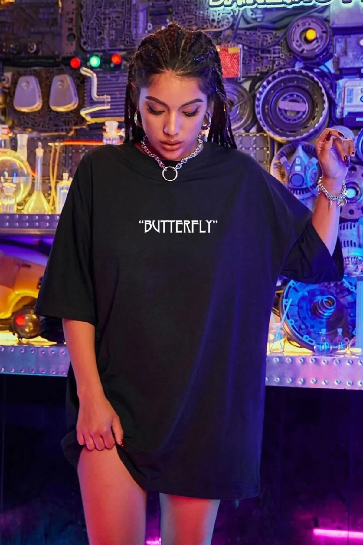Teenage Millionaire  Schwarzes Schmetterlings-Oversize-T-Shirt für Damen – K2116