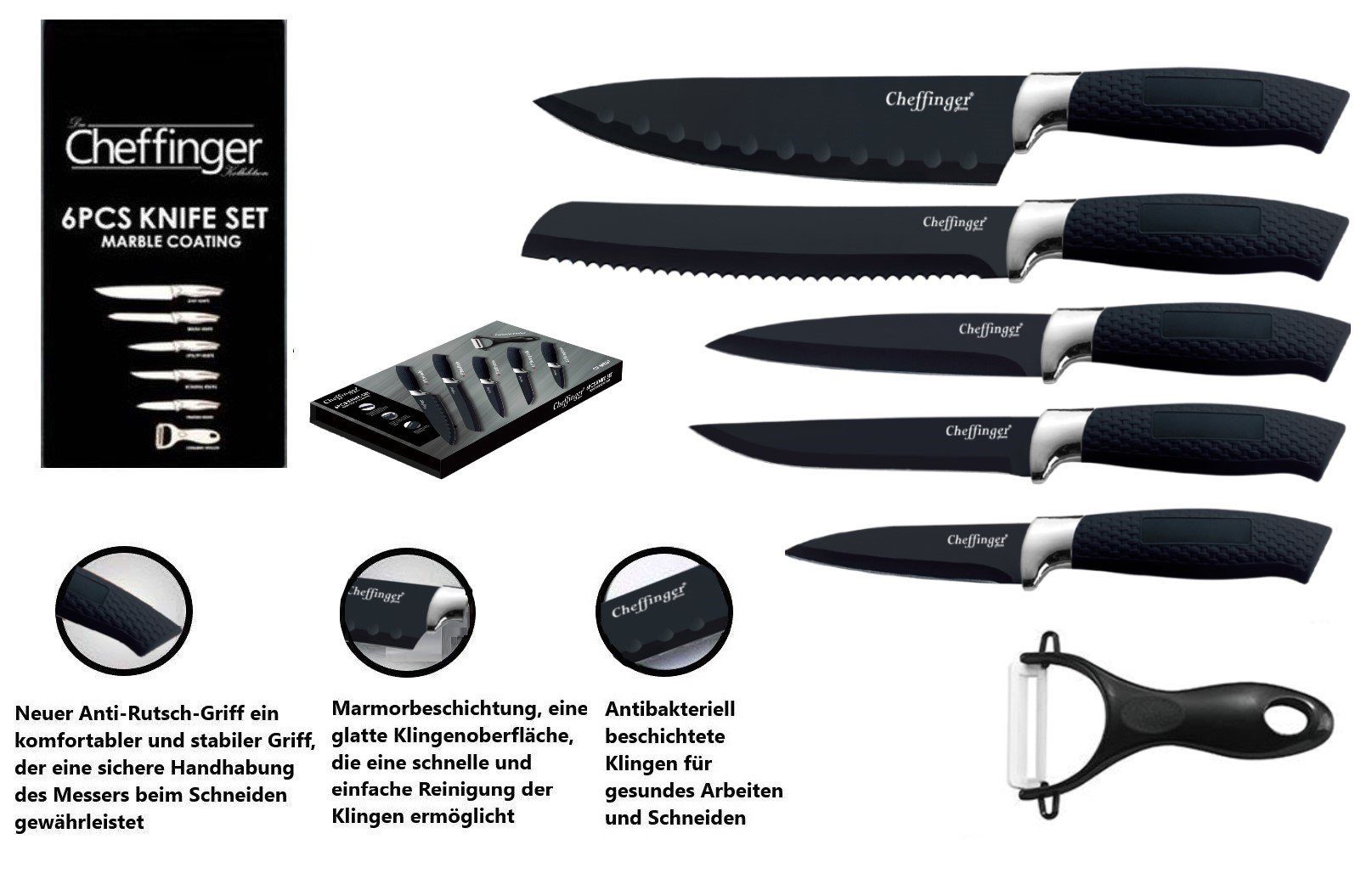 KESSMANN Messer-Set Profi Küchenmesser Set 6 teilig scharf Messerset + Messerbox Knife (Set, 7-tlg., Messerblock Organizer Kochbesteck Küchen Utensilien Messer Set), Kochmesser Fleischmesser Santokumesser Schälmesser Allzweckmesser