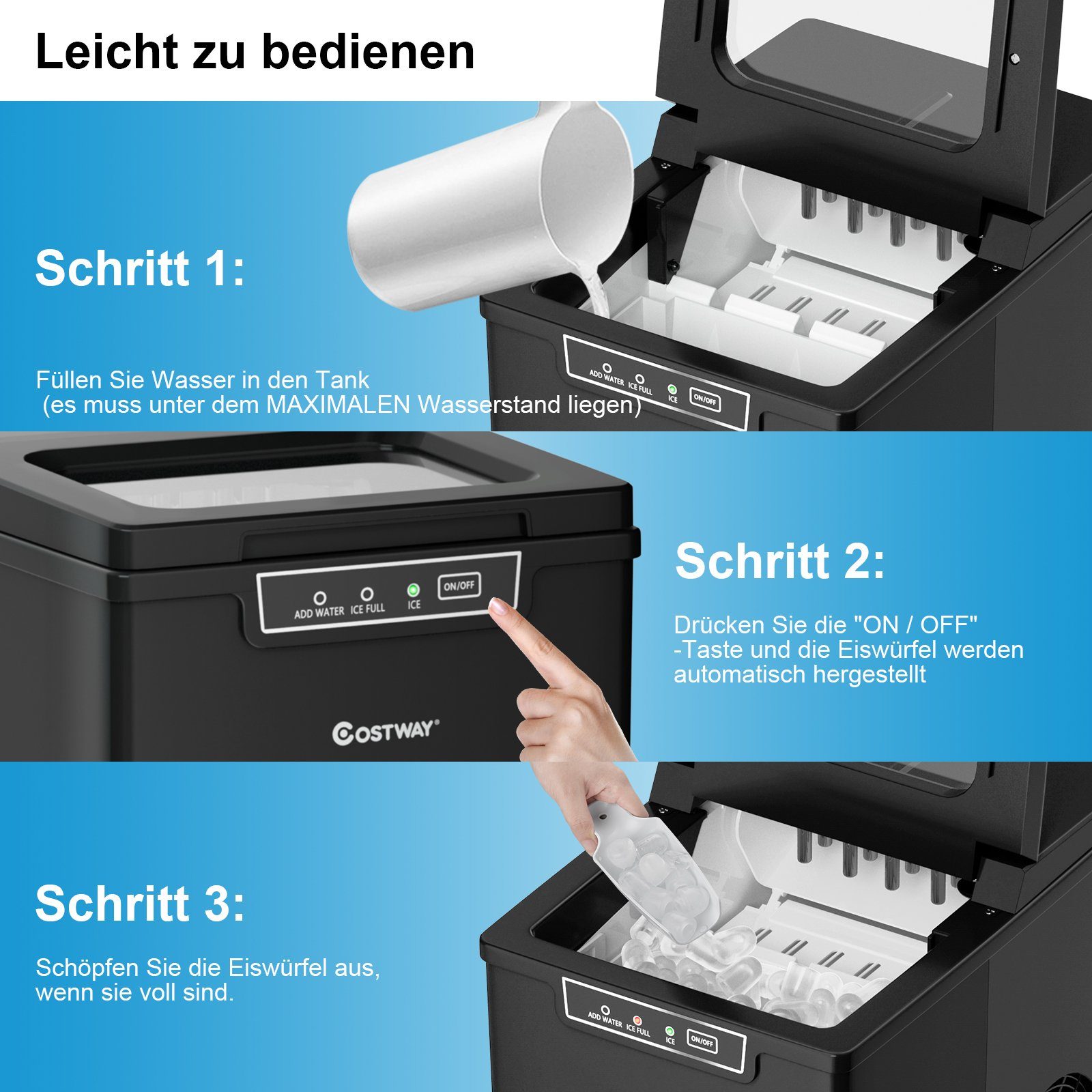 COSTWAY Eiswürfelmaschine, 9 Eiswürfel in 8 min, 12kg in 24H, 1,85L Tank