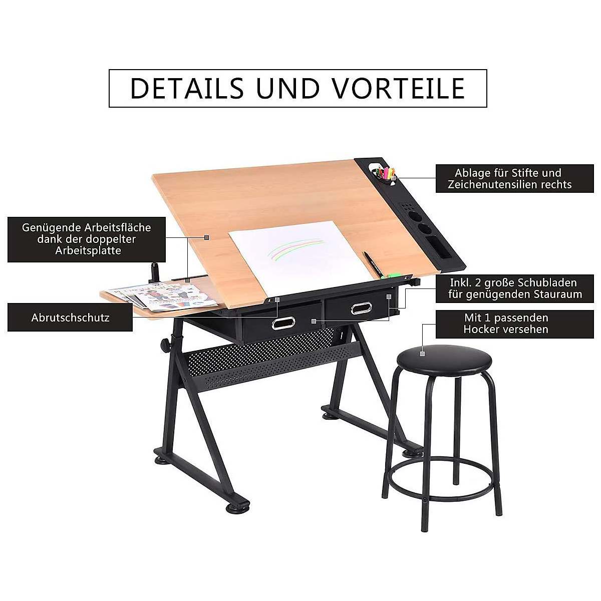 Schreibtisch mit Hocker höhenverstellbar neigbar