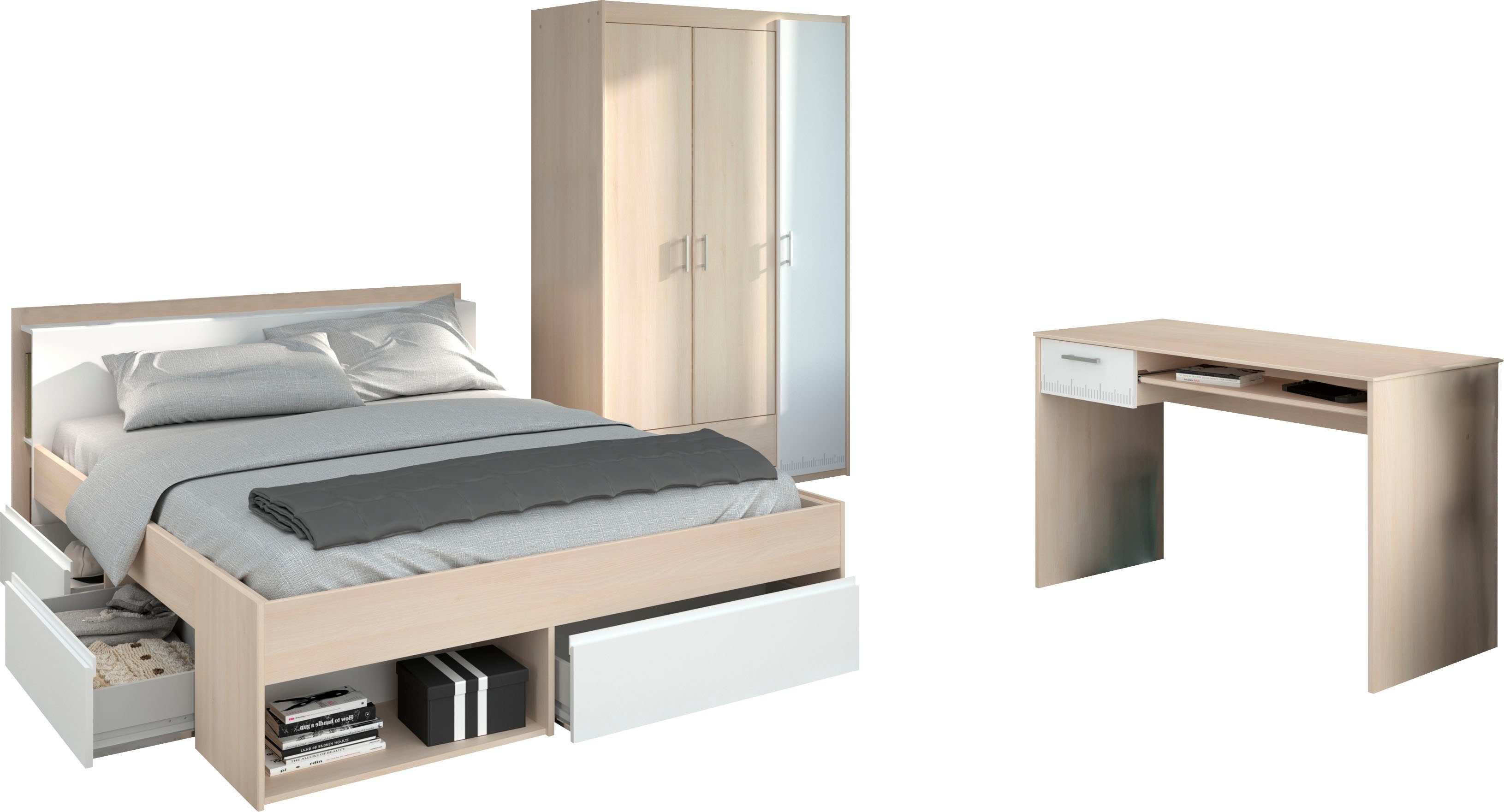 Parisot Jugendzimmer-Set Most, (Set, 3-St., Bett mit Schubkästen, Kleiderschrank und Schreibtisch)