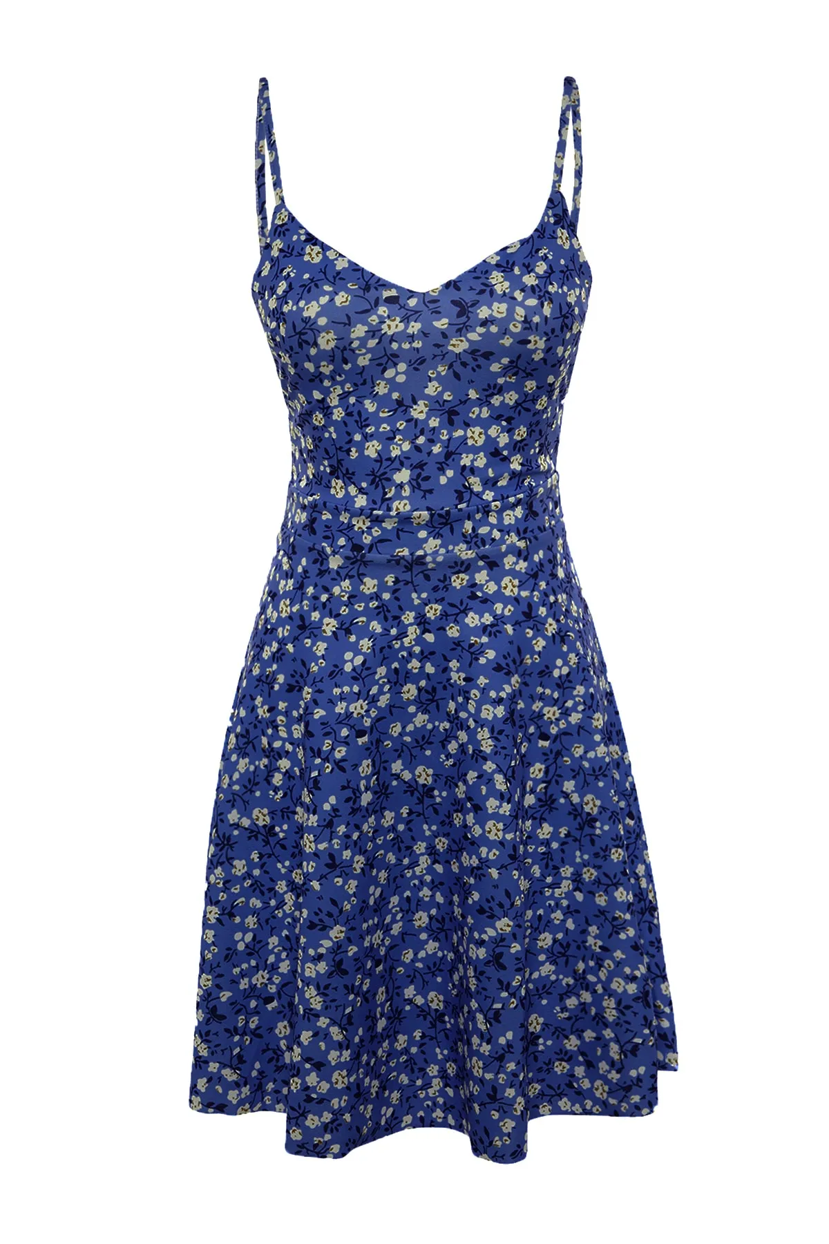 Trendyol Collection  Blaues, floral gemustertes, tief ausgeschnittenes Krepp-Strickkleid mit offener Taille und Skater-Miniträgern TWOSS20EL1630