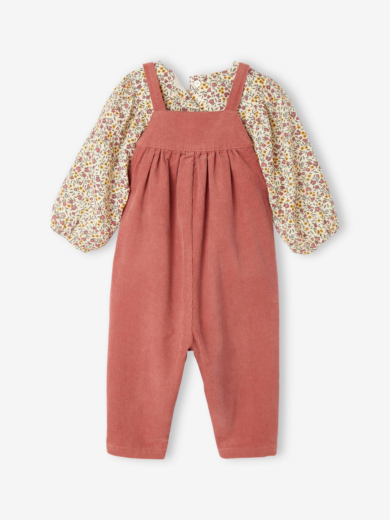 Ensemble blouse et salopette velours bébé fille bleu céleste