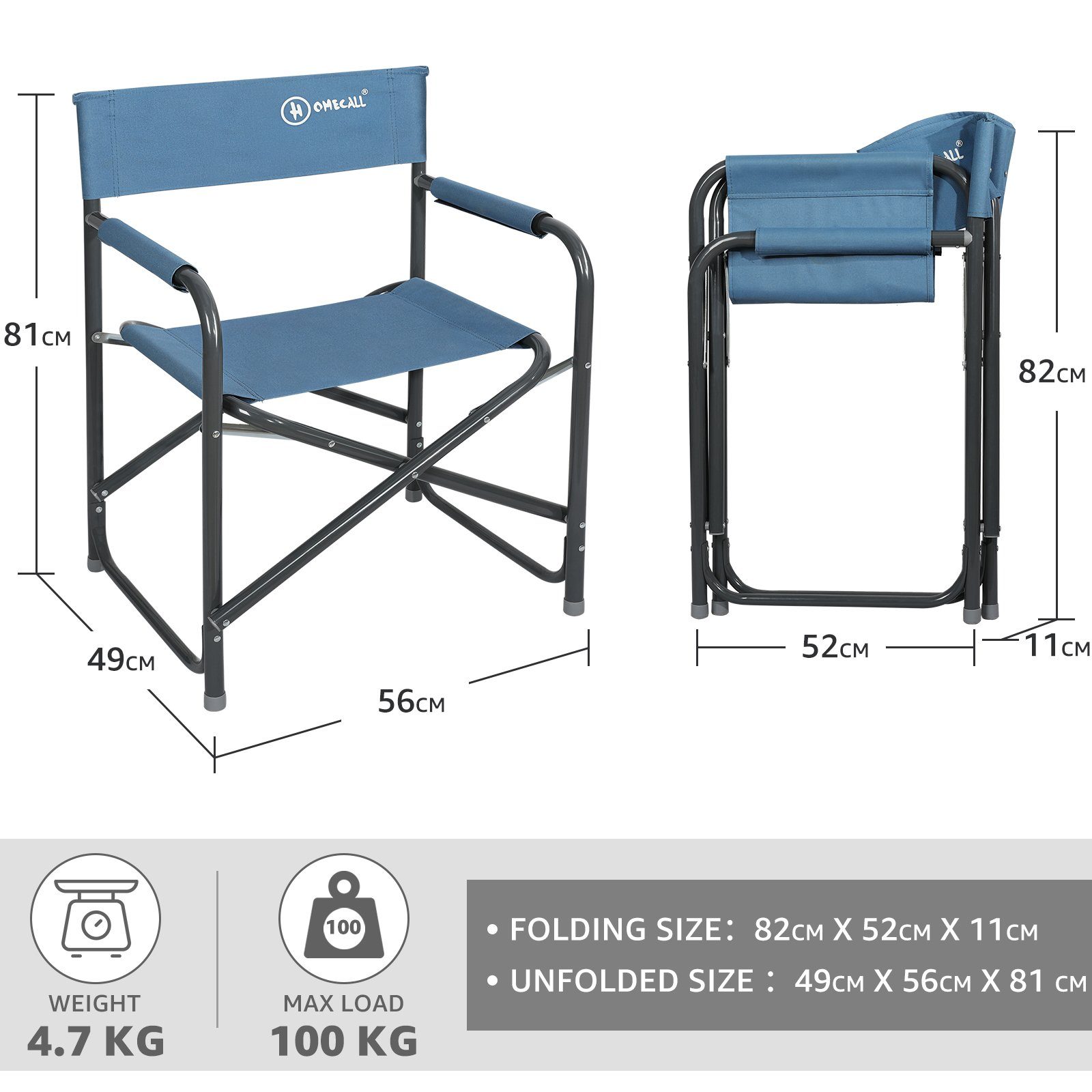 HOMECALL Regiestuhl Faltbar Campingstuhl Gartenstuhl Klappbare, Stahl, bis 120kg, strapazierfähiges 600D Oxford-Gewebe