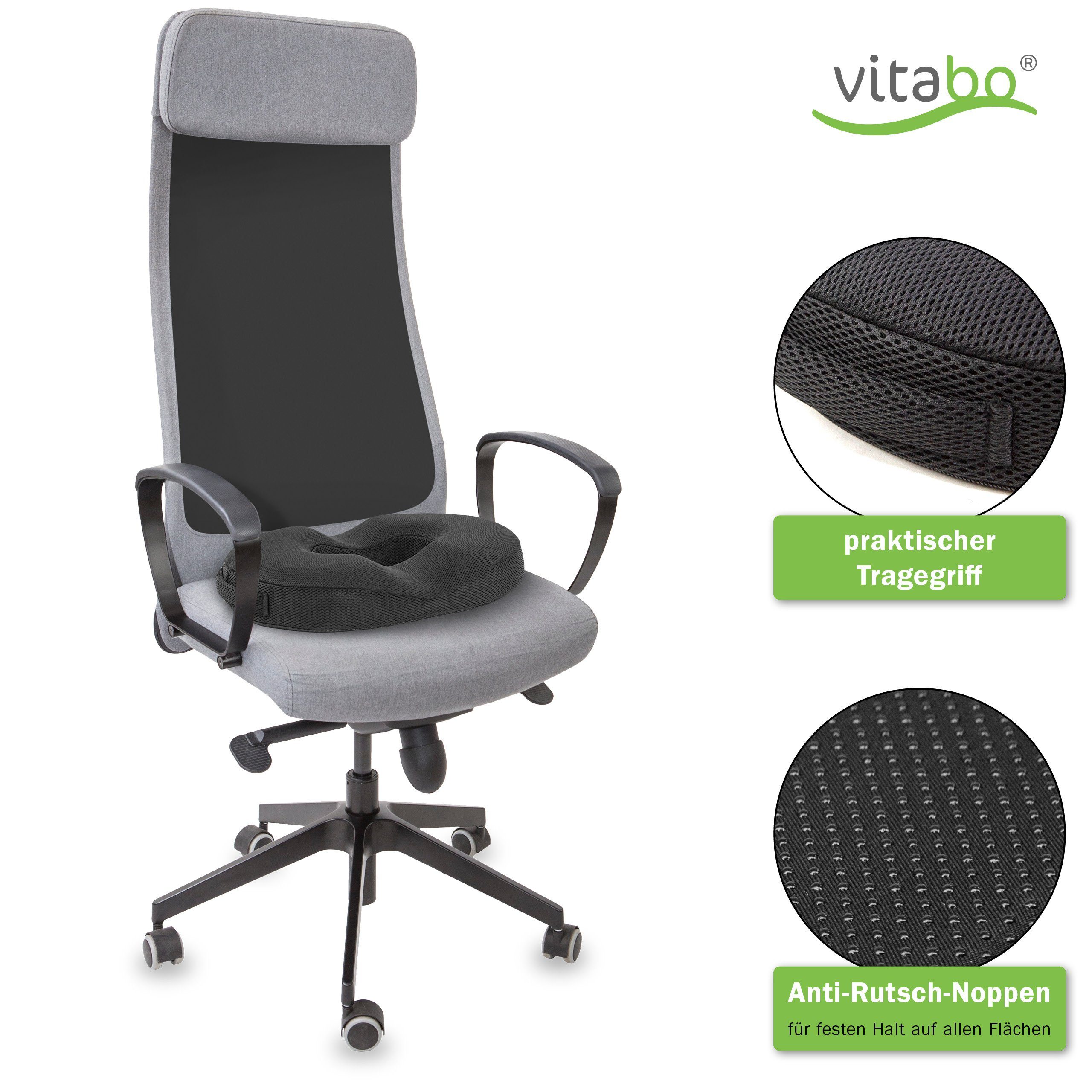 Vitabo Steißbeinkissen Vitabo Ergonomischer Steißbein Sitzring – Steißbeinkissen in O-Form mit Gel-Schicht I Ringkissen, Sitzdonut aus Memory-Schaum (Schwarz), mit kühlender Gel-Auflage, Anti-Rutsch-Noppen an der Unterseite sorgen für einen sicheren