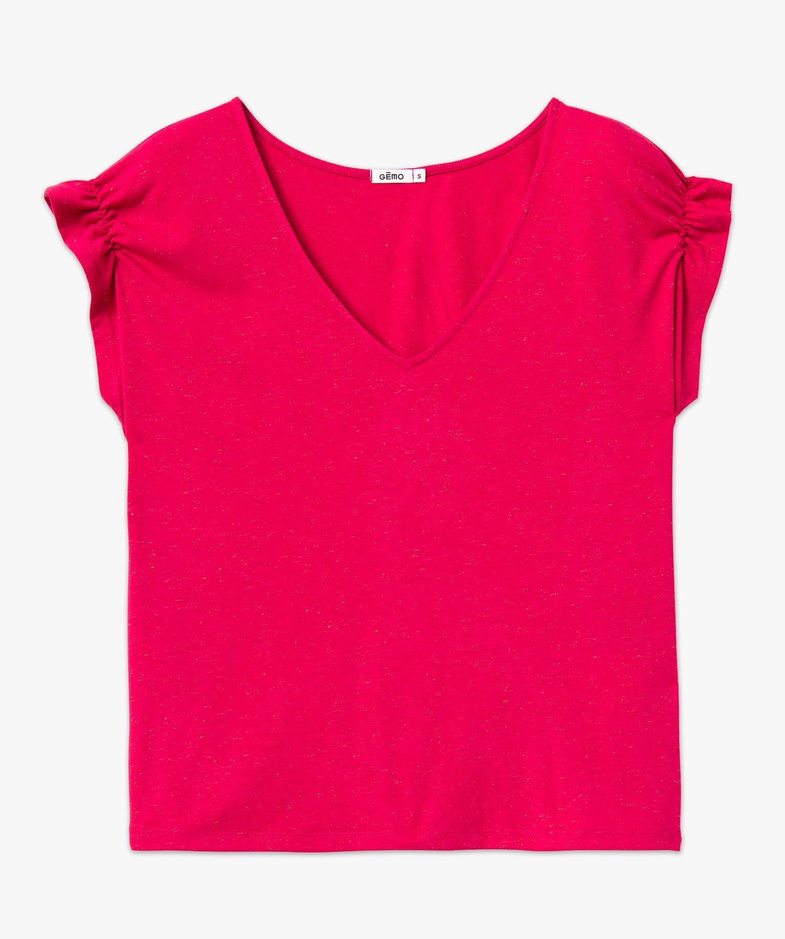 Tee-shirt femme à manches courtes froncées et col V rose | GEMO