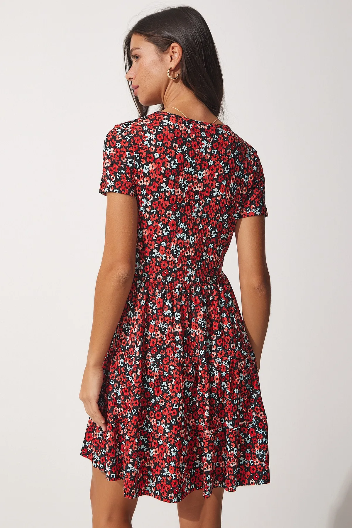 Happiness İstanbul  Rot gemustertes Sommer-Strickkleid mit Wickelkragen für Damen MC00164