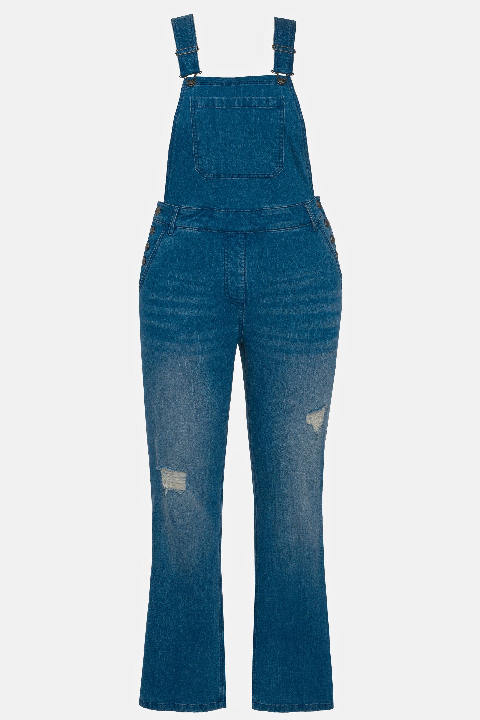 Ulla Popken Funktionshose Jeans-Latzhose ausgestelltes Bein Destroy-Effekt