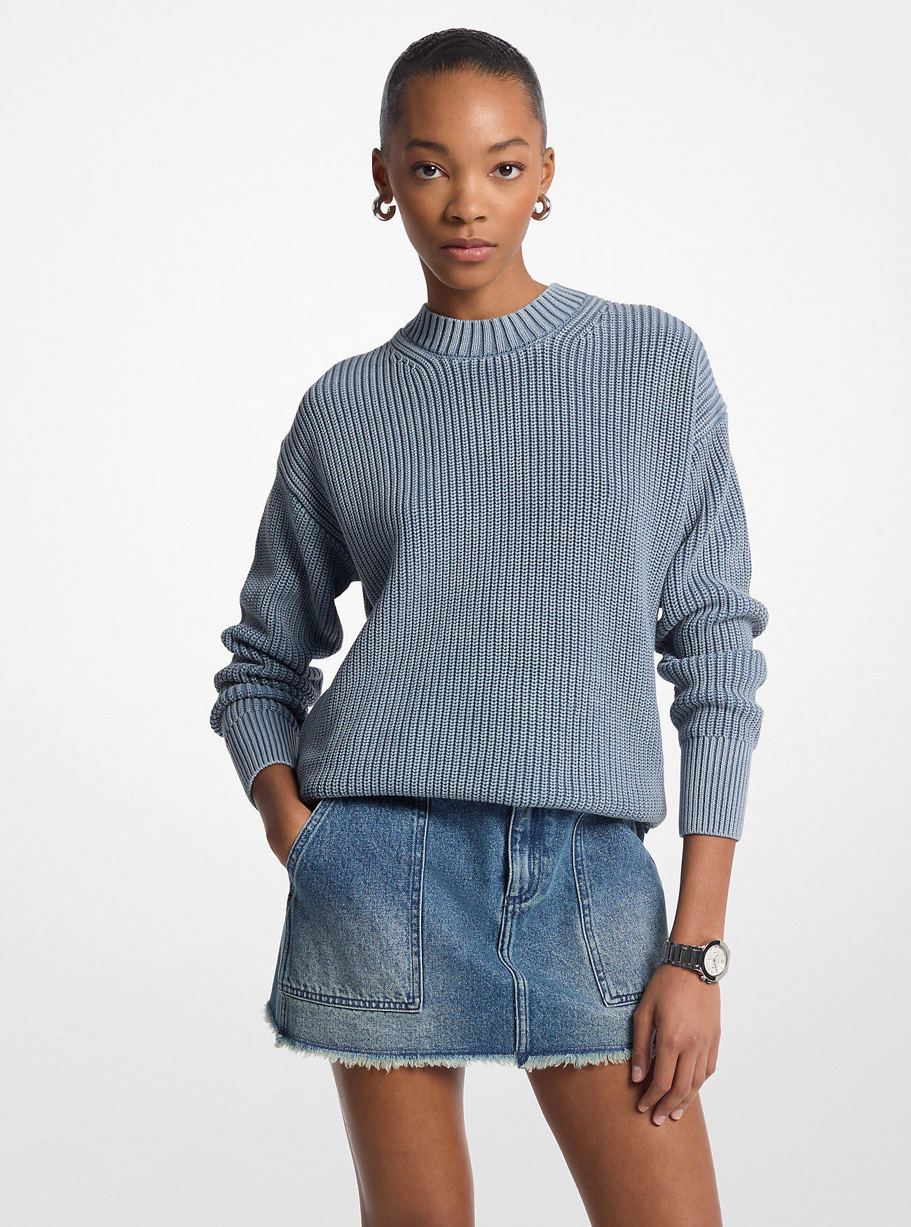 Ribbed Cotton Crewneck Sweater - BLUE HAZE WASH